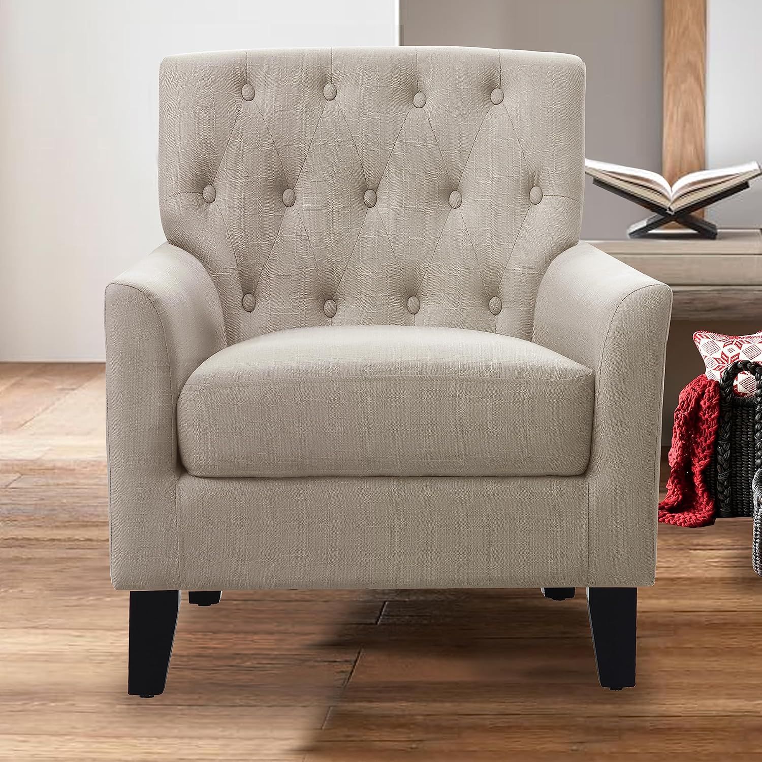 Beige Tufted Fabric Upholstered Accent Chair with Wood Legs