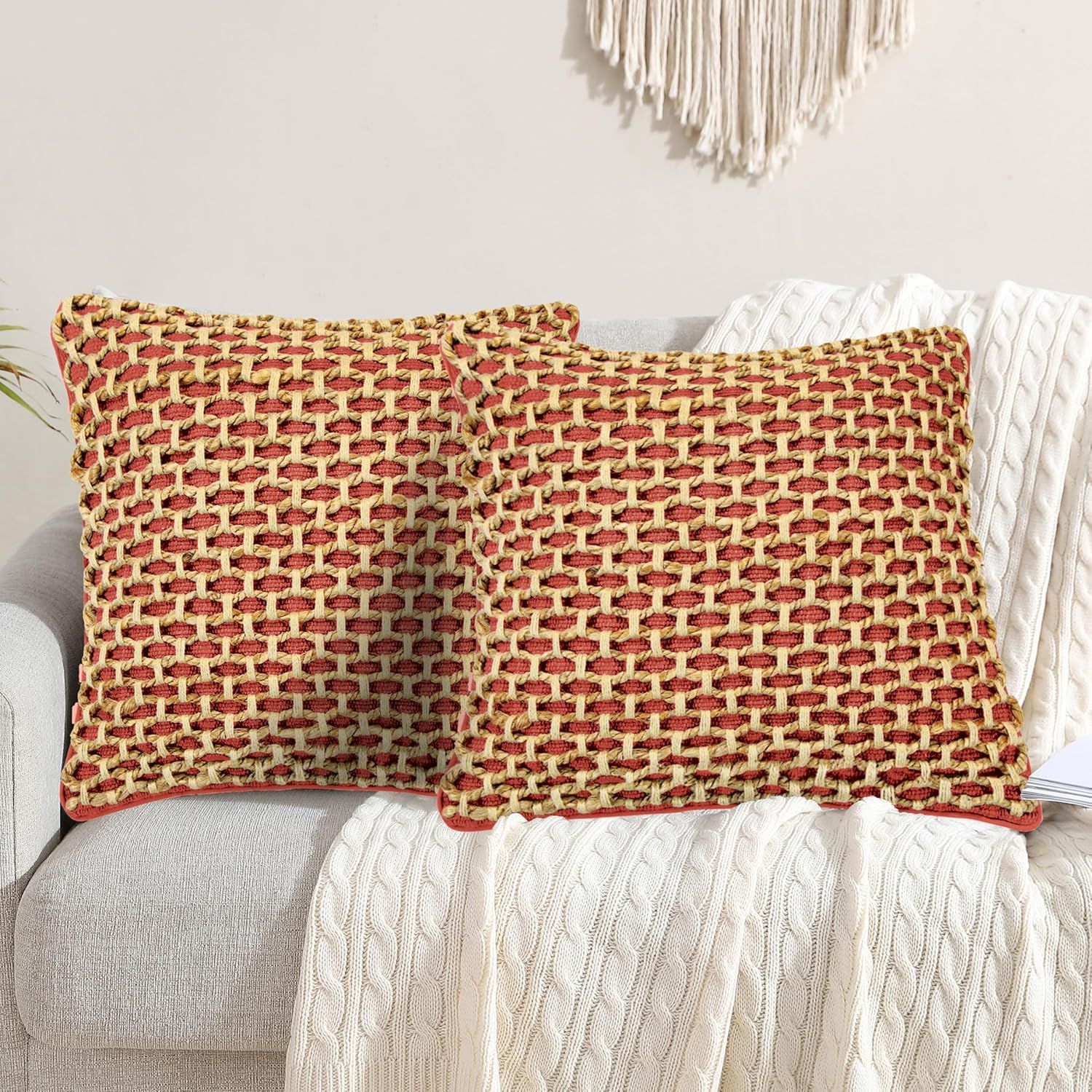 Rustic Red and Beige Woven Cotton Jute Throw Pillow Set