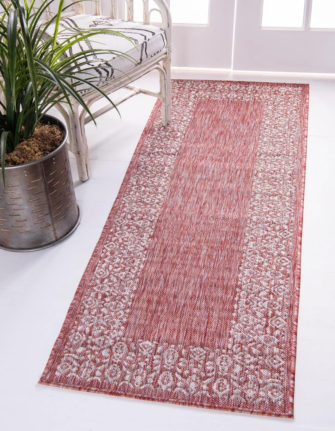 Rust Red Floral Easy-Care Outdoor Synthetic Runner Rug