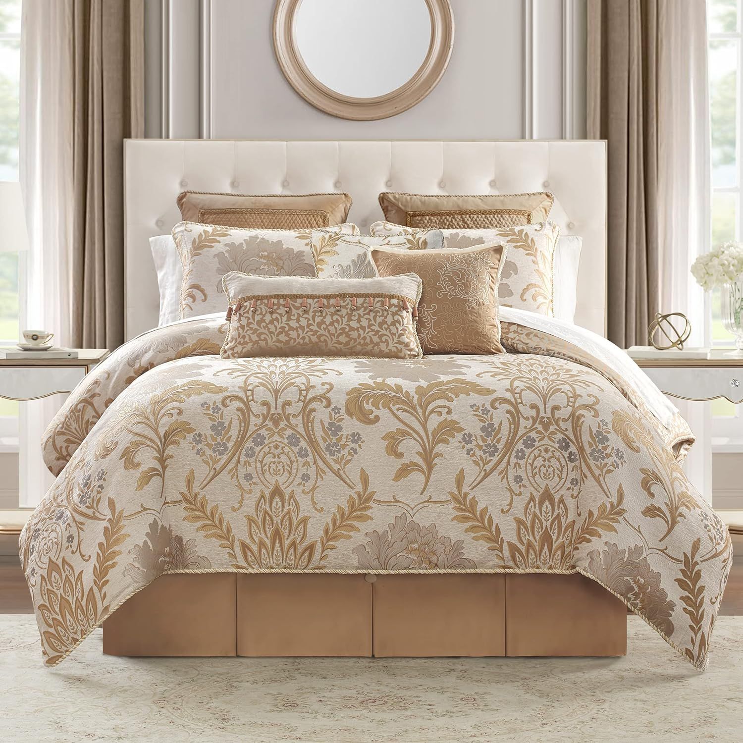 Ivory and Gold Damask Queen Comforter Set with Fringe Trim