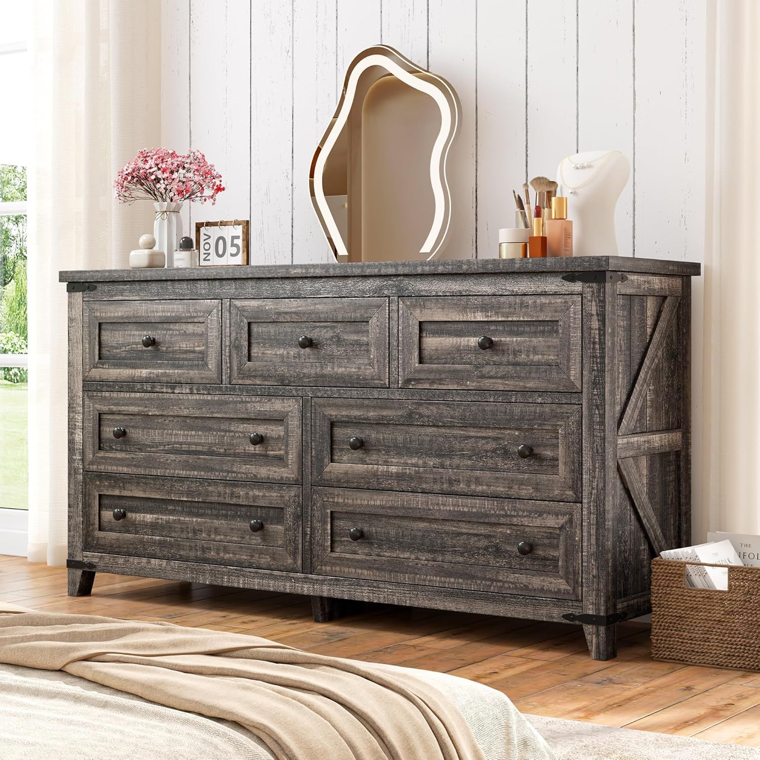 Dark Rustic Oak Farmhouse 7-Drawer Wood Dresser