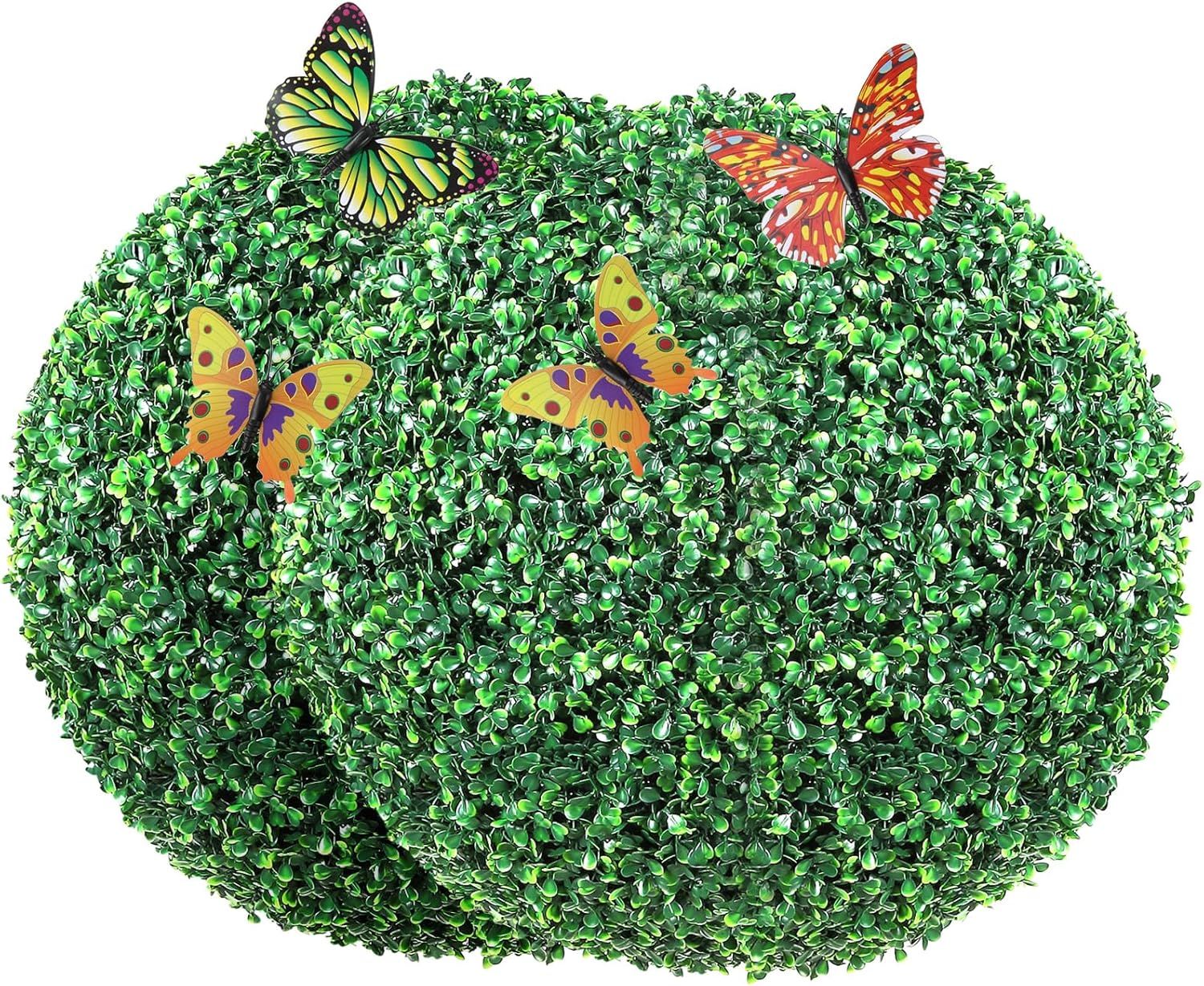 Green Artificial Boxwood Topiary Balls with Butterflies, 16-inch, Set of 2