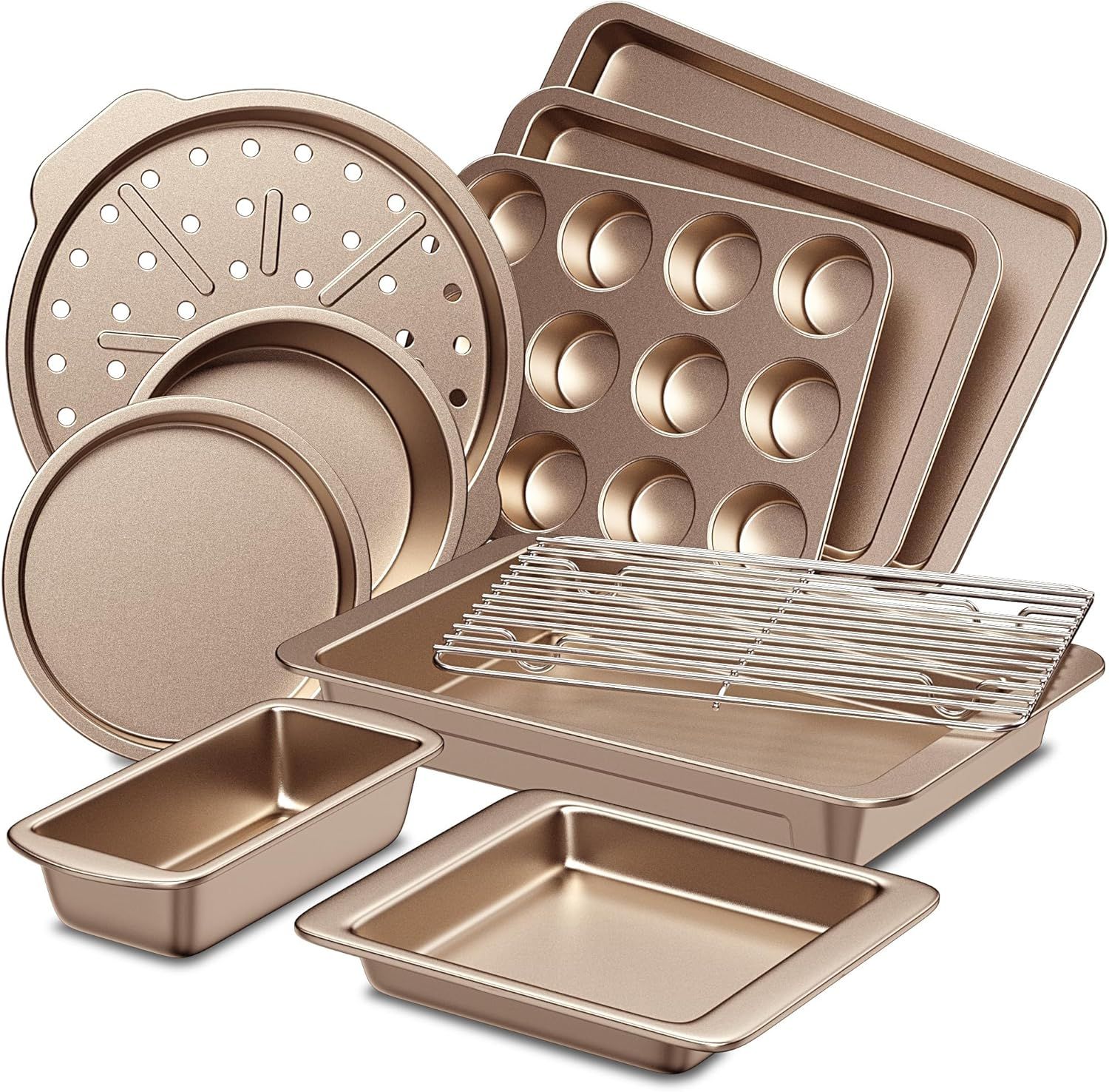 Champagne Gold Nonstick 10-Piece Bakeware Set with Wider Grips