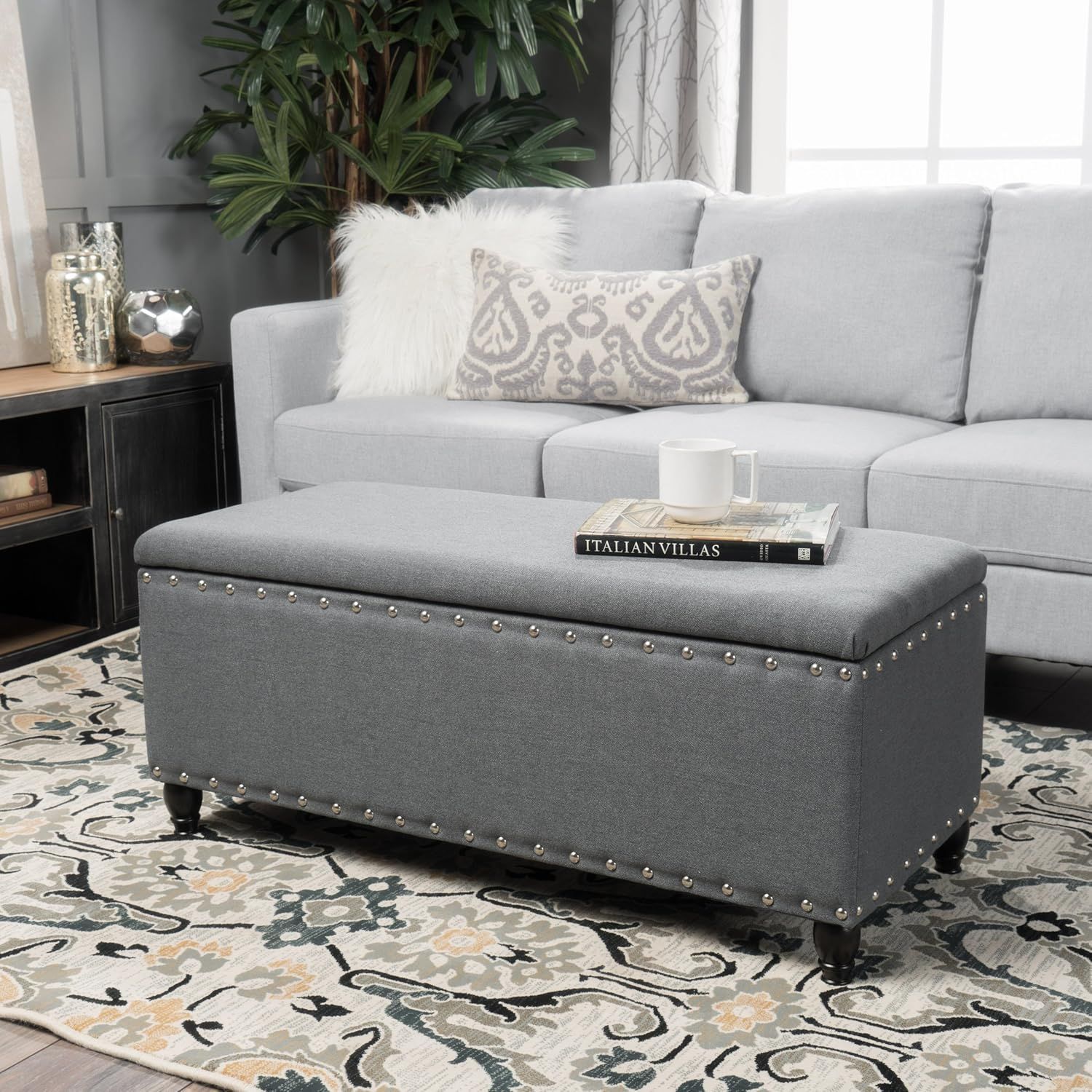 Evvy Charcoal Velvet Storage Ottoman with Nailhead Accents