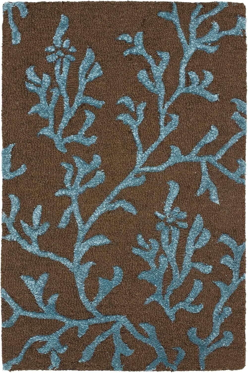 Handmade Brown and Light Blue Floral Wool Rug