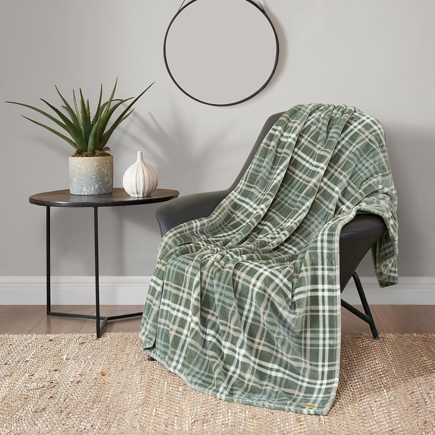 Olive Green Plaid Faux Fur Reversible Throw Blanket 50" x 70"