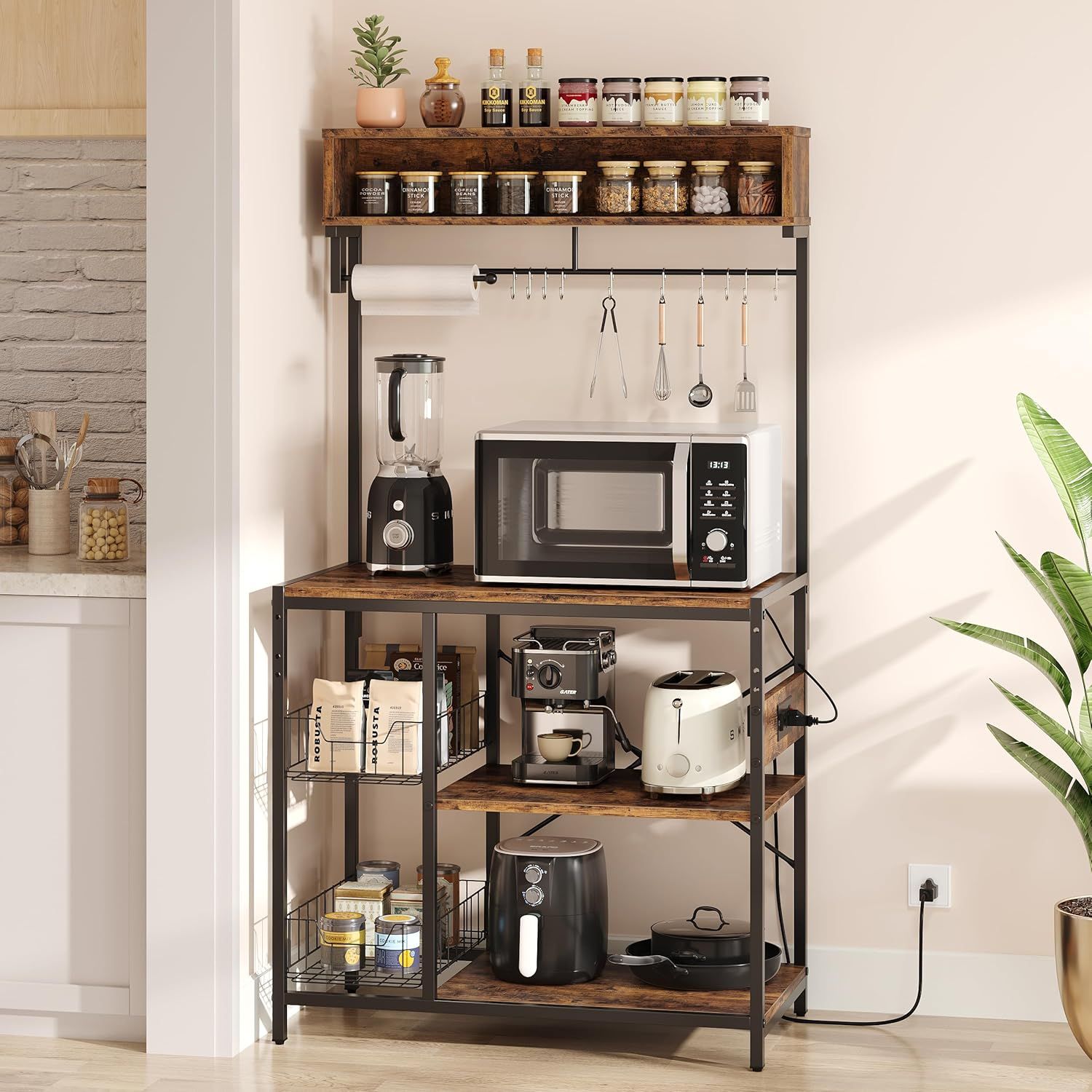 Adjustable Rustic Brown 5-Tier Kitchen Storage Shelf with Power Outlet