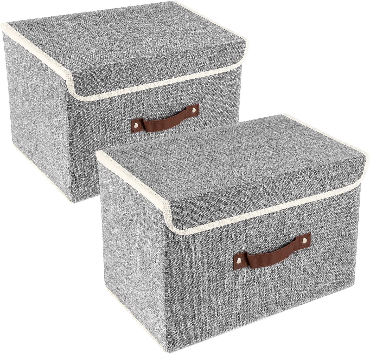 Gray Fabric Collapsible Storage Boxes with Lids, 2 Pack