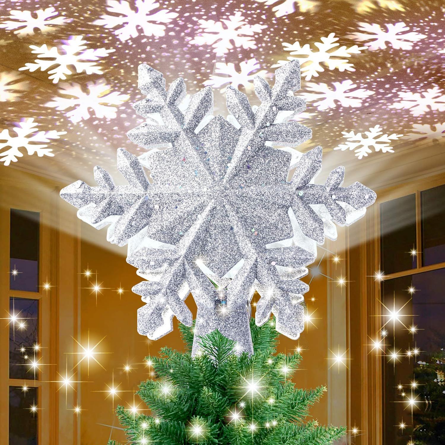 Silver LED Snowflake Christmas Tree Topper with Projector