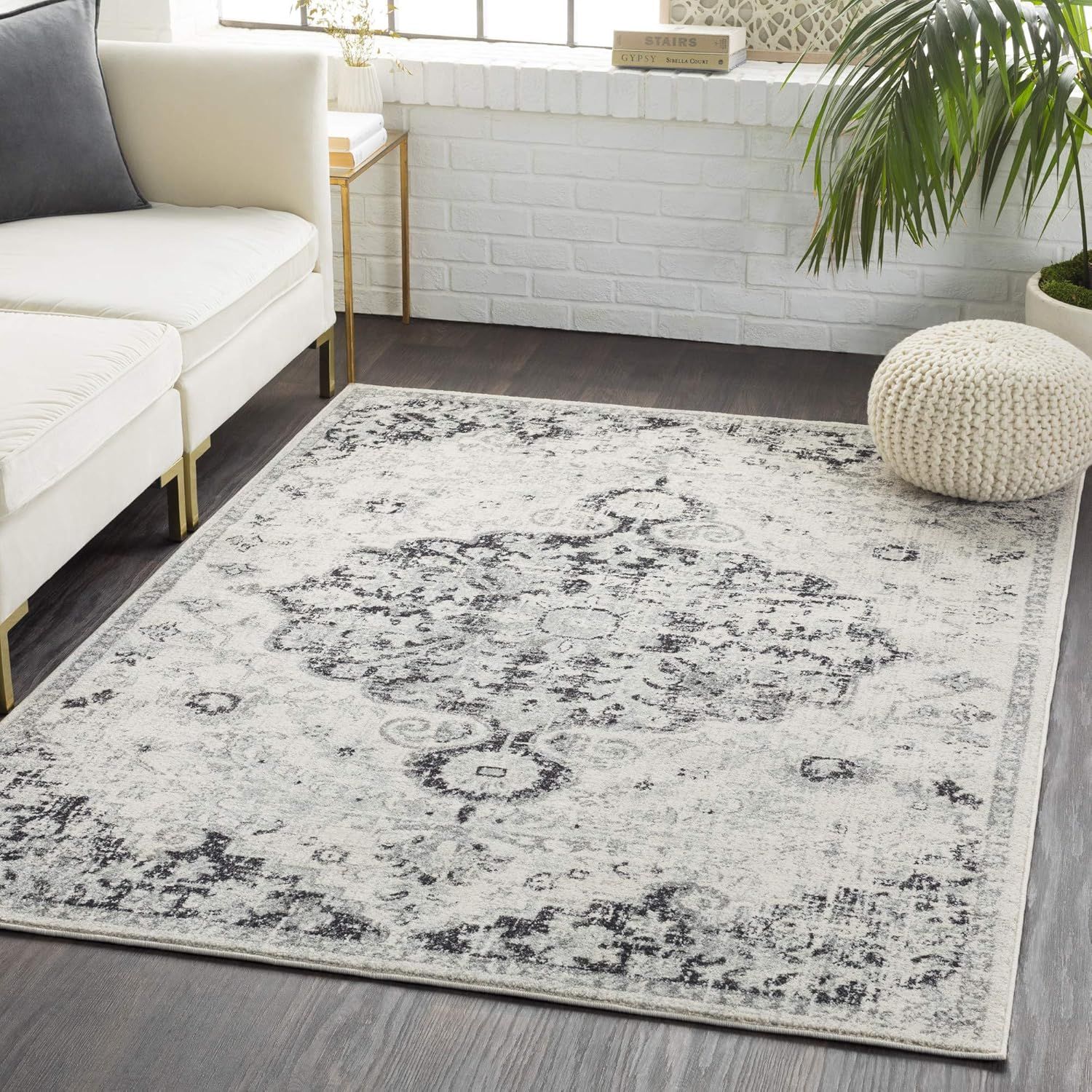 Gray and Black Rectangular Synthetic Area Rug