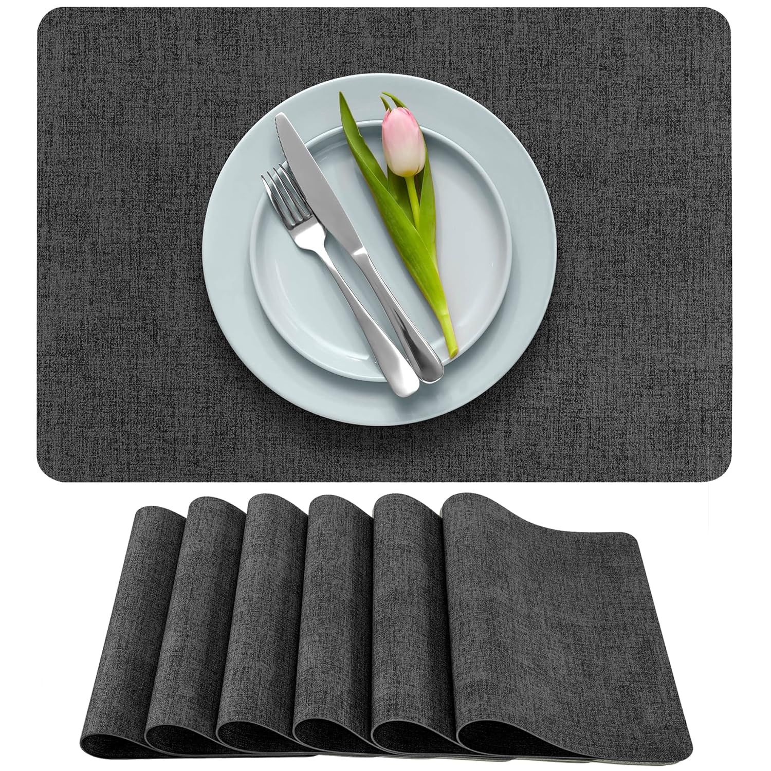 More Décor Faux Leather Placemats for Dining and Kitchen Table - Stain and Heat Resistant, Non Slip, Wipeable, Washable - Set of 6 - Dark Grey