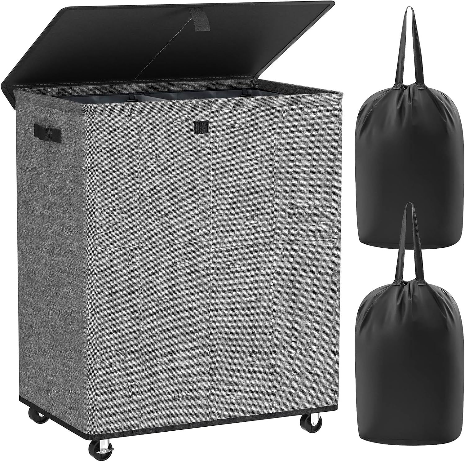 Gray Double Compartment Upright Hamper with Wheels and Lid