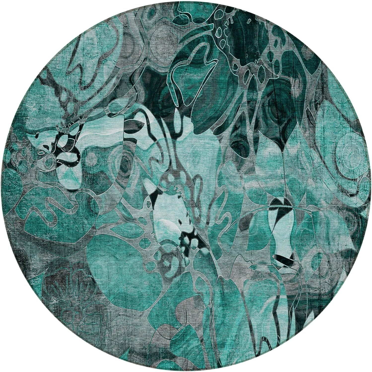 Teal and Gray Round Synthetic Flat Woven Area Rug