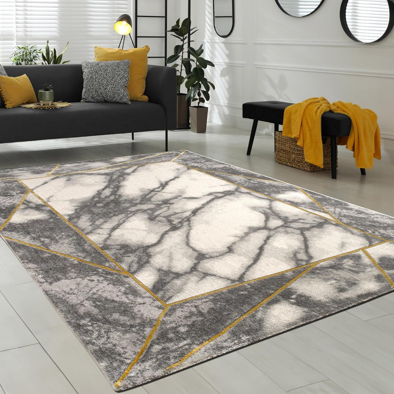 Gold and Gray 5' x 7' Rectangular Synthetic Marble Pattern Rug