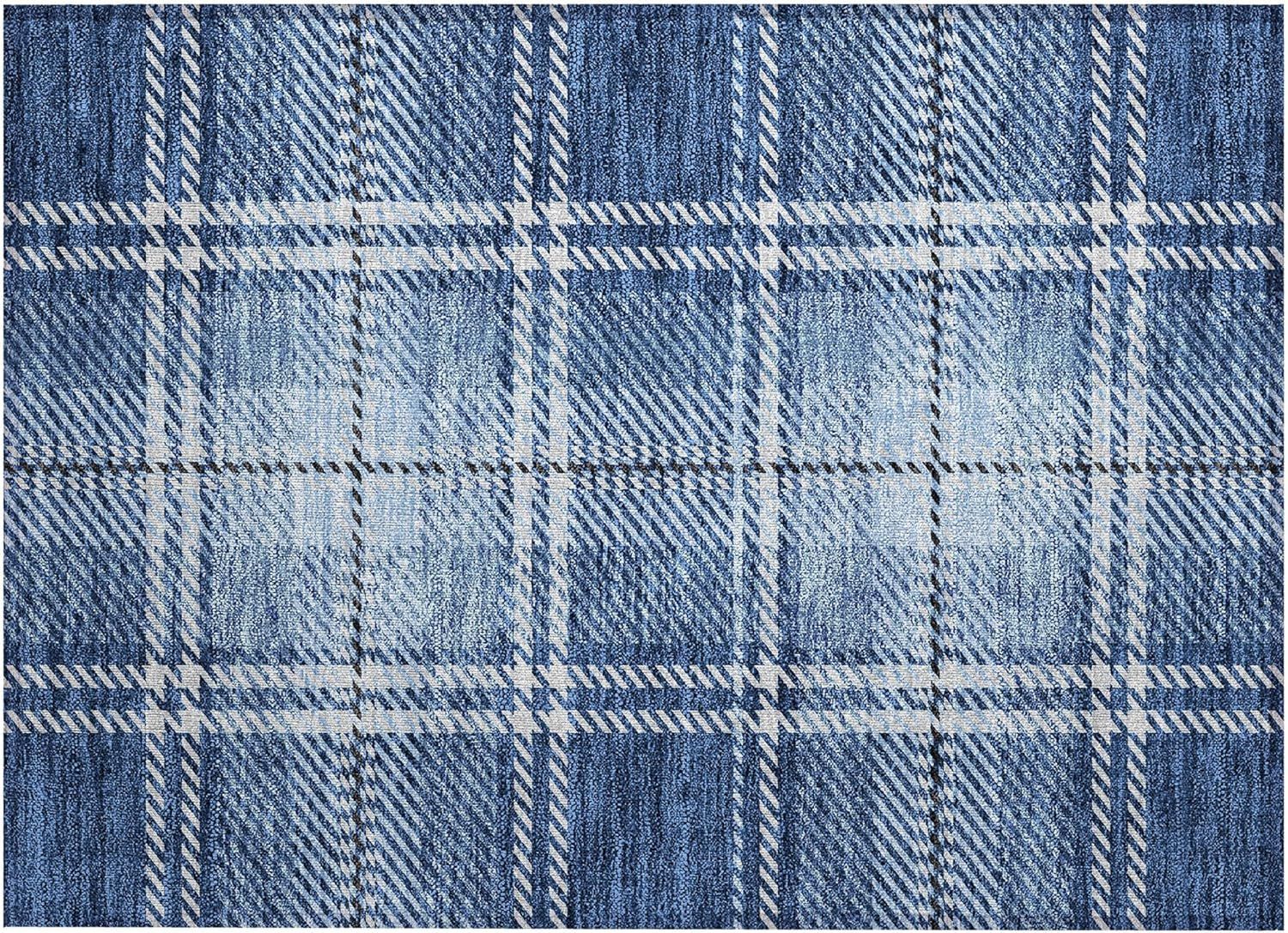 Navy Plaid Synthetic Washable Indoor/Outdoor Rug 1'8" x 2'6"