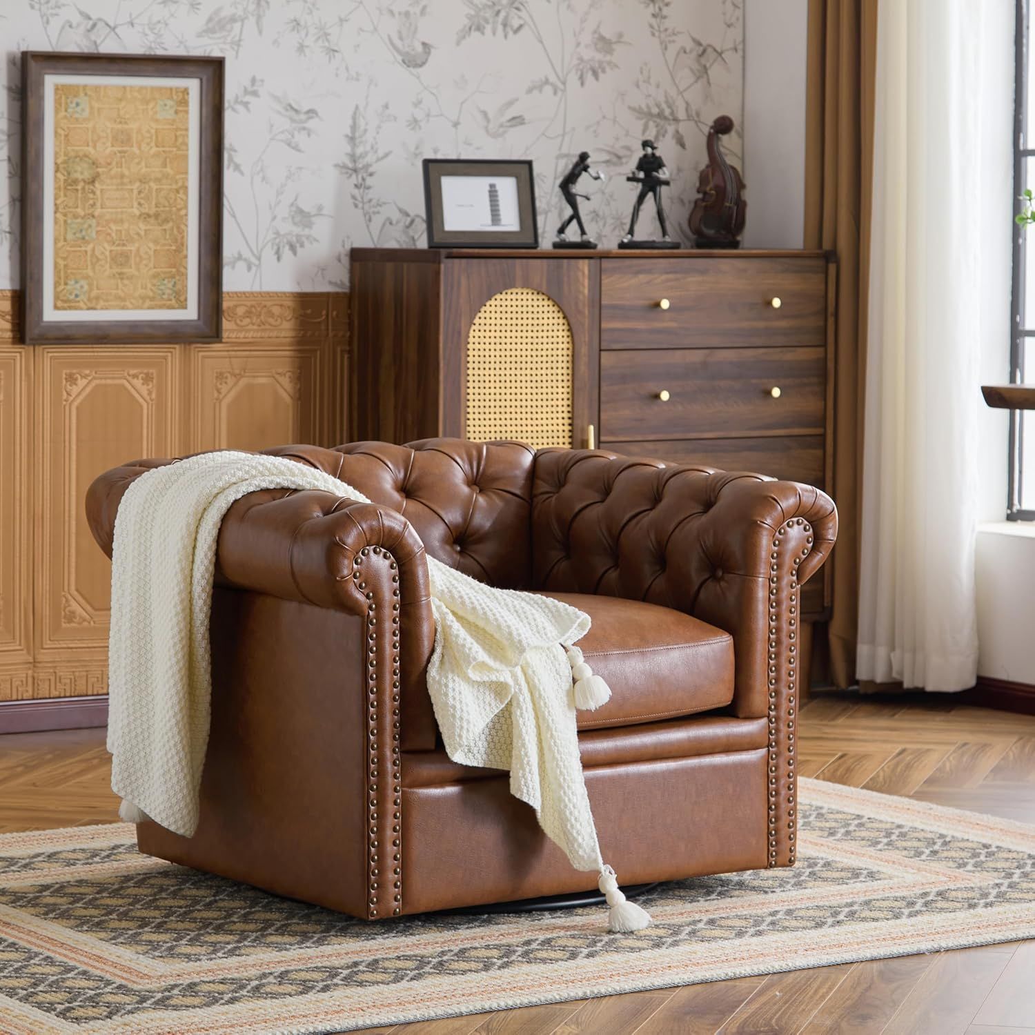 Cognac Faux Leather Tufted Swivel Accent Chair with Wood Base