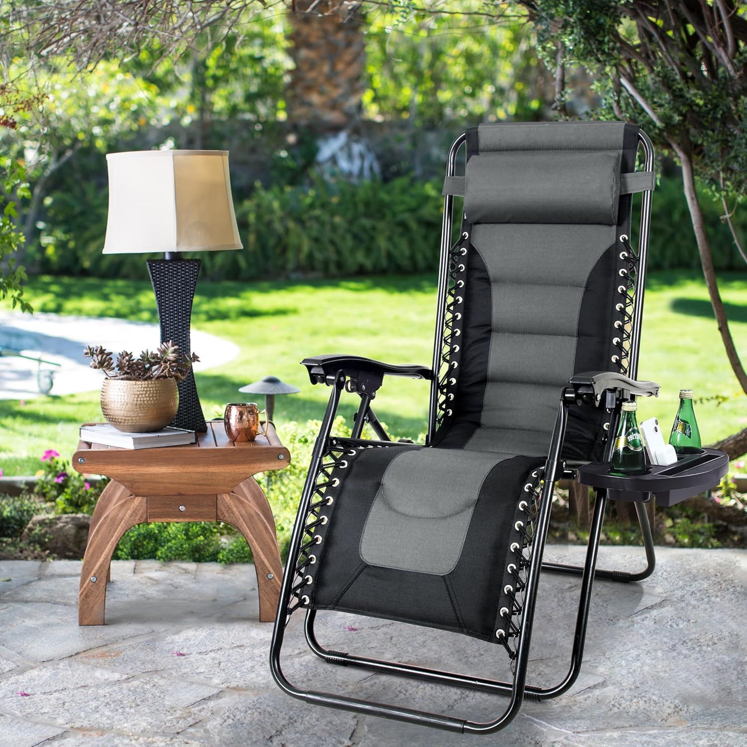 Ergonomic Black and Gray Zero Gravity Outdoor Recliner with Cushions