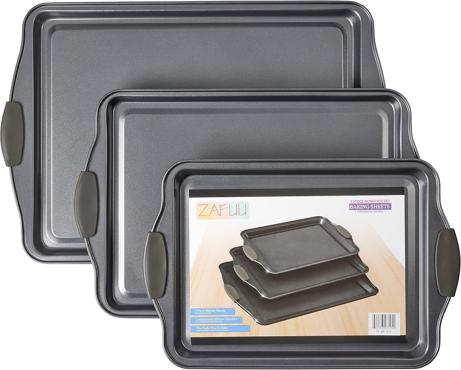 Gray Non-Stick Aluminum Cookie Sheet Set with Silicone Handles