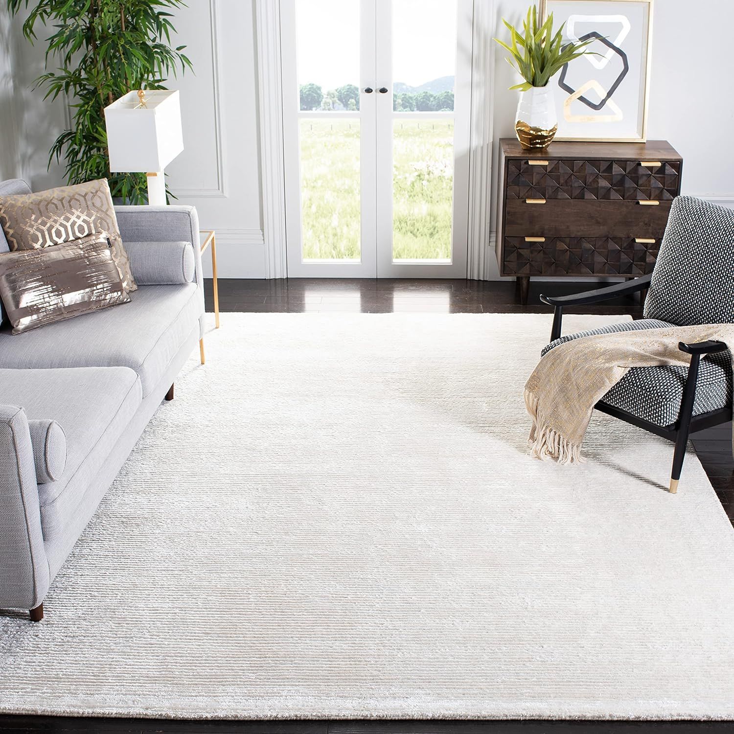 Elegant Ivory Mirage 9' x 12' Hand-Knotted Wool-Viscose Blend Area Rug