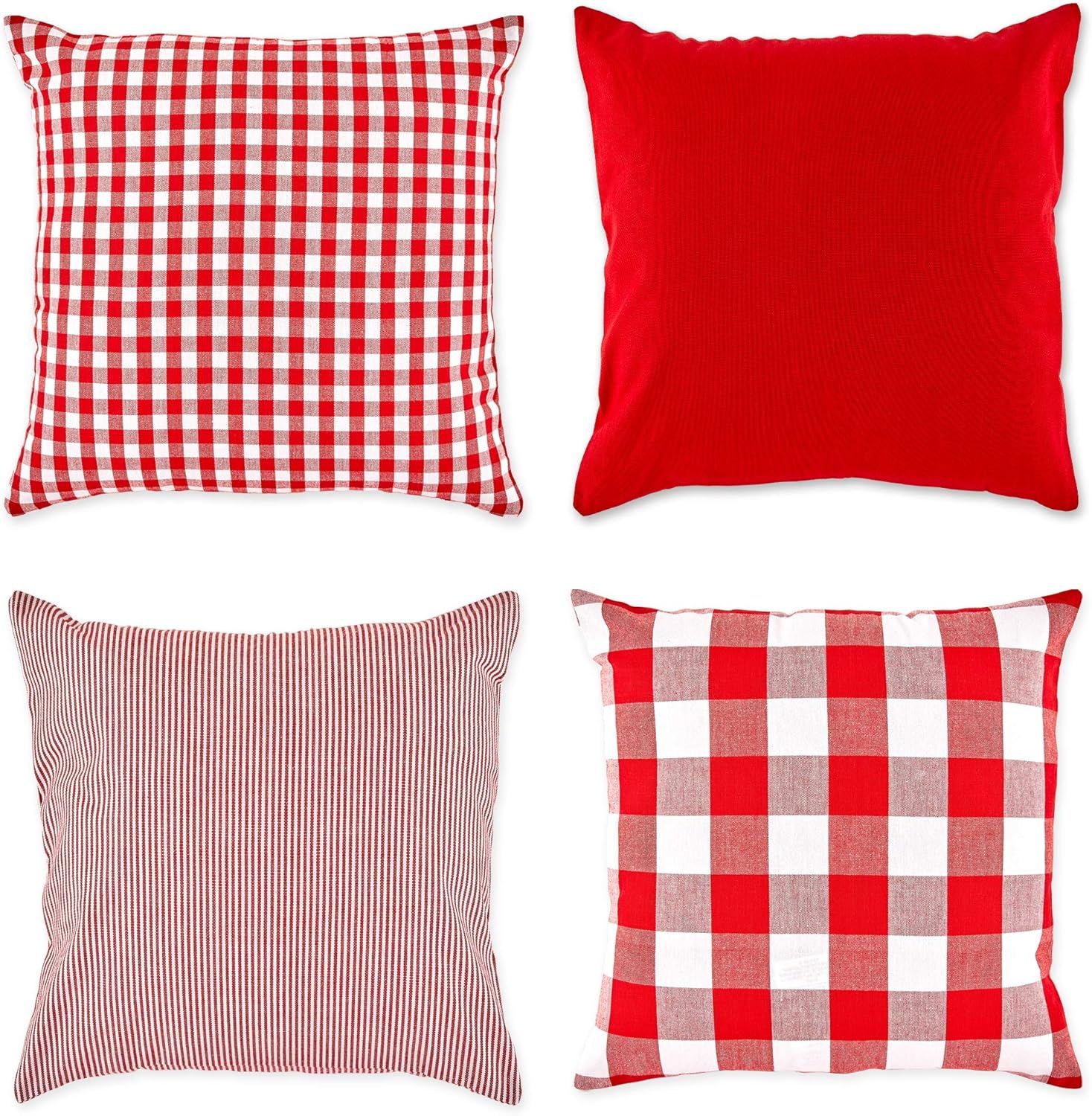 Red and White Cotton Gingham and Solid Euro Pillow Covers, Set of 4