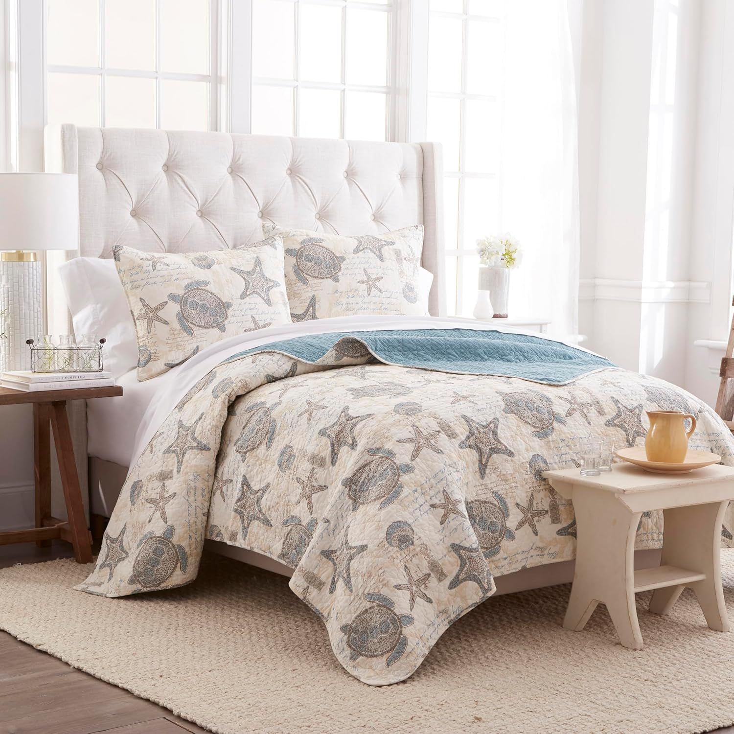 Amber Sands King Blue Cotton Reversible Quilt Set