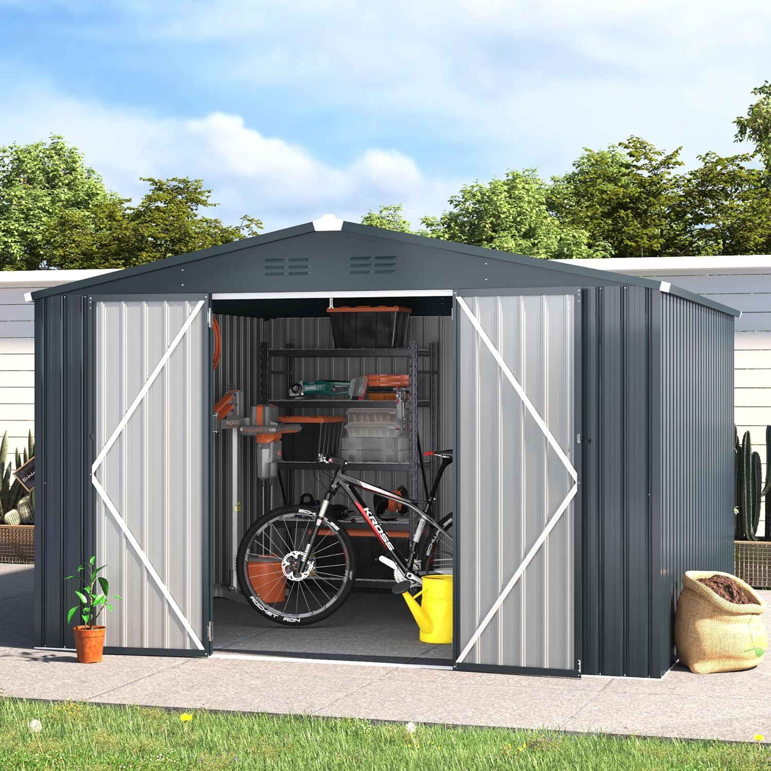 Dark Gray 10' x 10' Steel Outdoor Storage Shed with Lockable Doors