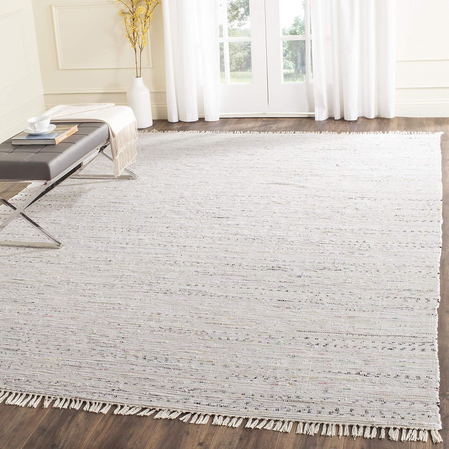 Handwoven White Cotton Stripe Square Area Rug