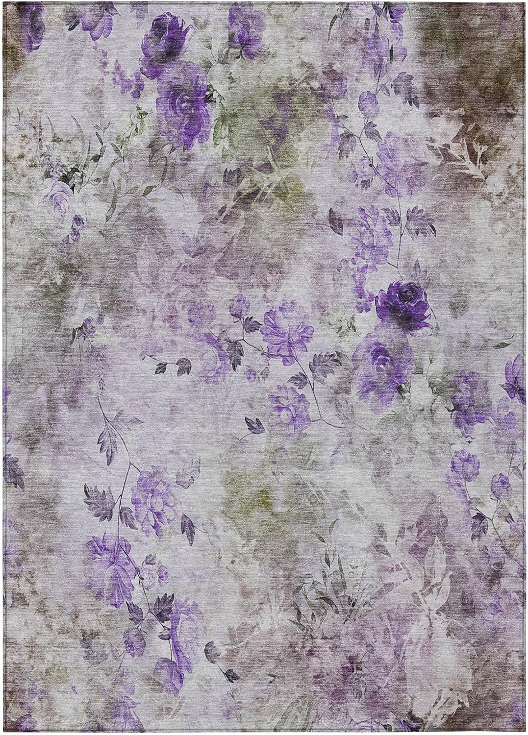 Purple Floral Synthetic 5' x 7' Washable Reversible Rug