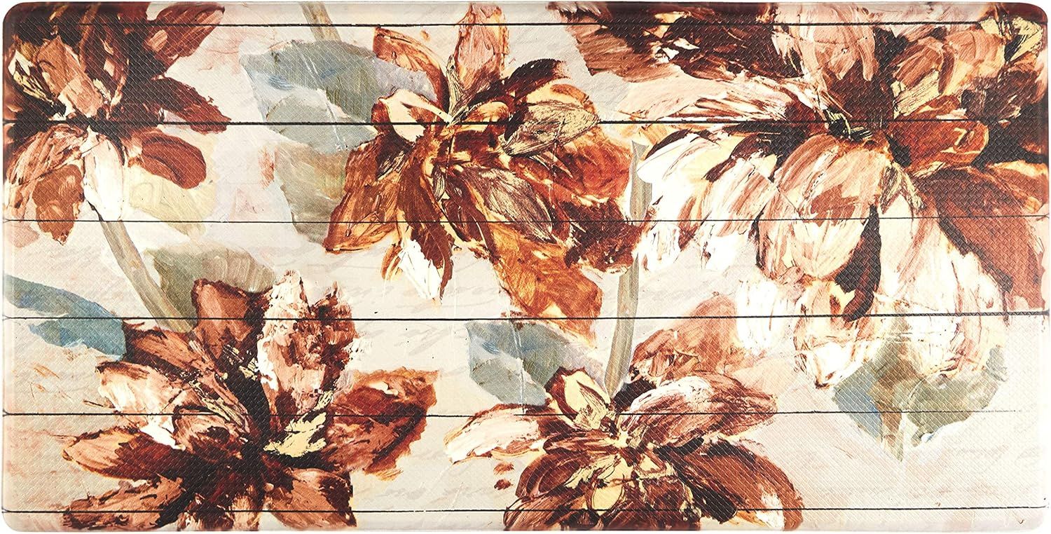 Floral Anti-Fatigue Kitchen Mat in Brown and Beige Polyurethane