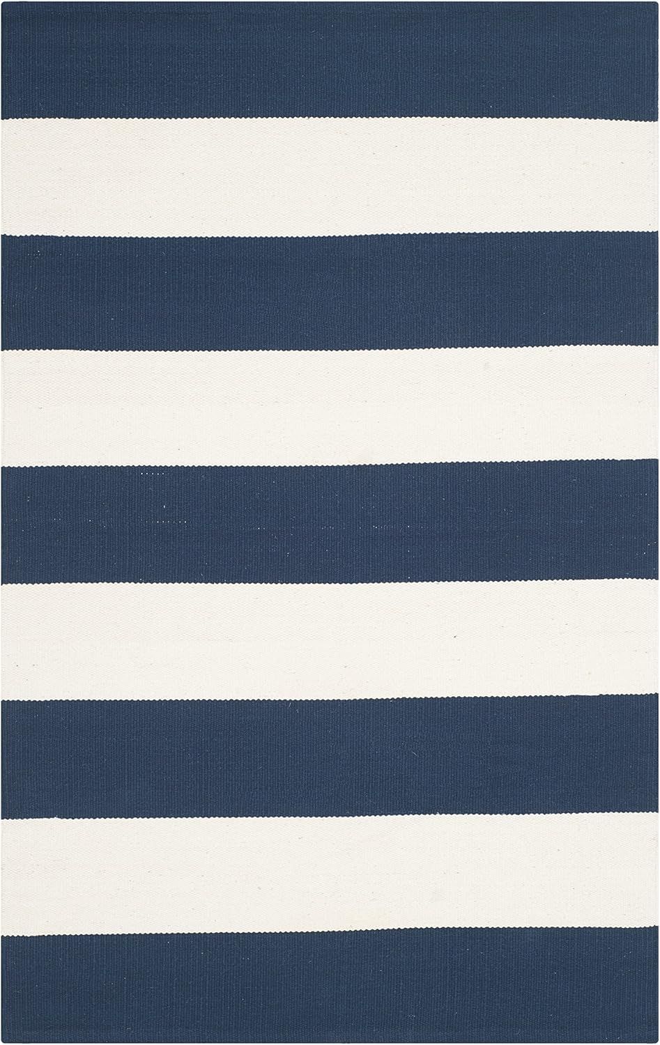 Handwoven Ivory and Navy Cotton Stripe Accent Rug - 2'3" x 5'