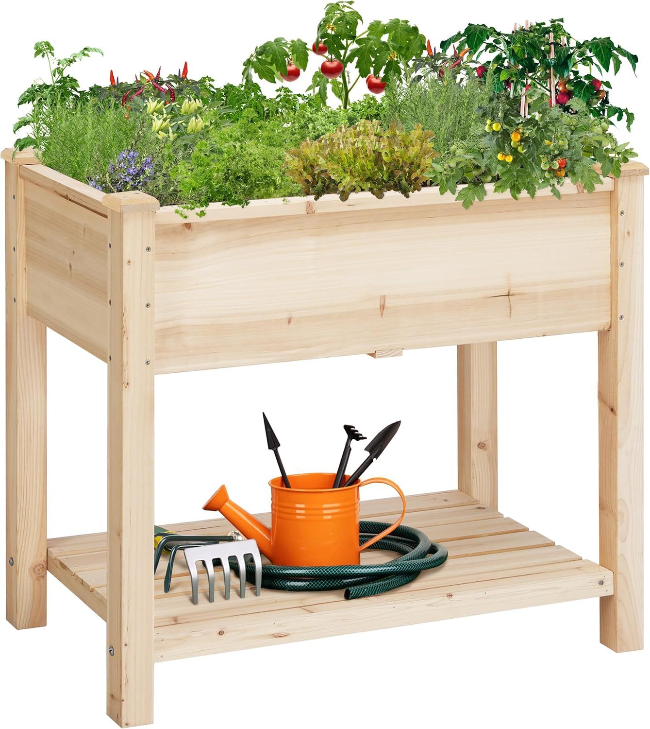 Natural Wood Raised Garden Bed with Storage Shelf