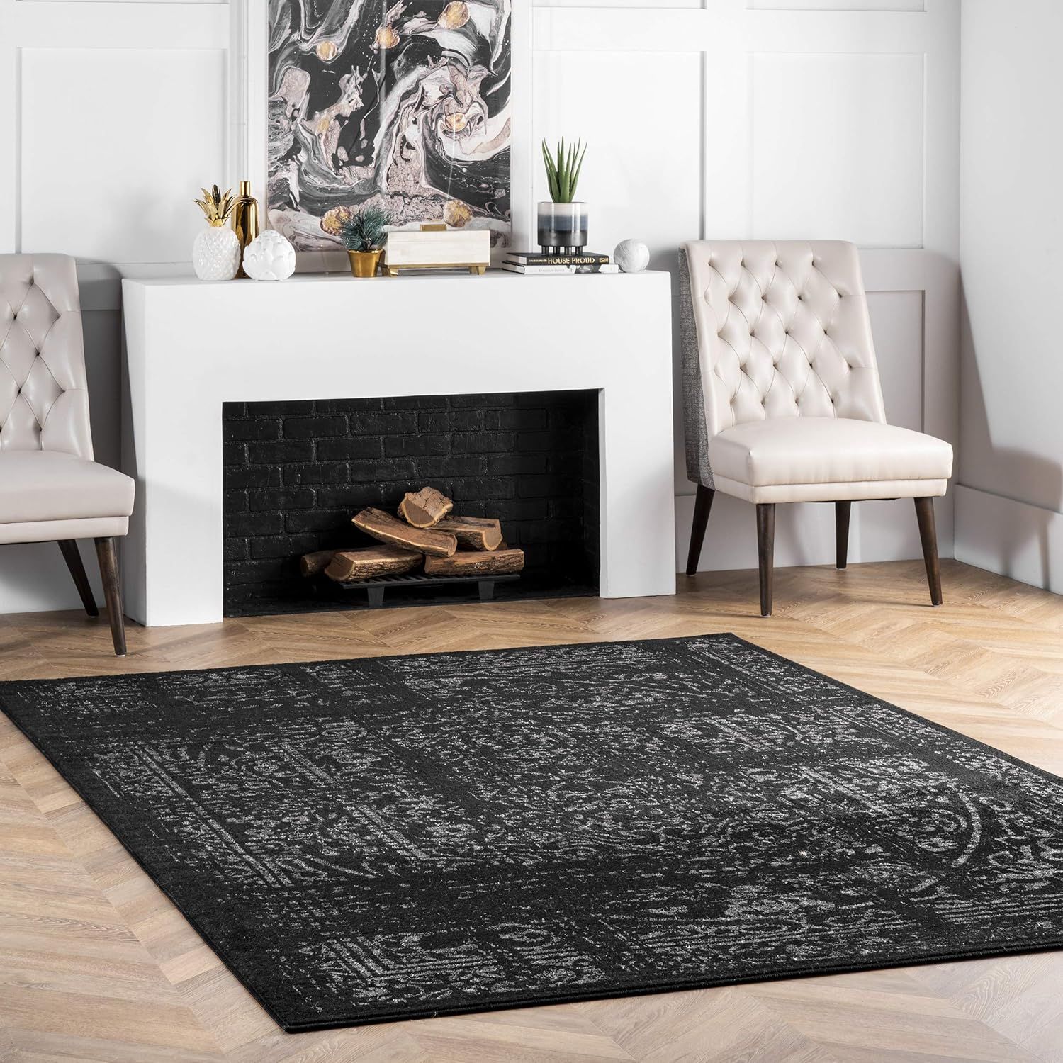 Reversible Rectangular Black Synthetic Stain-Resistant Area Rug 25" x 4"