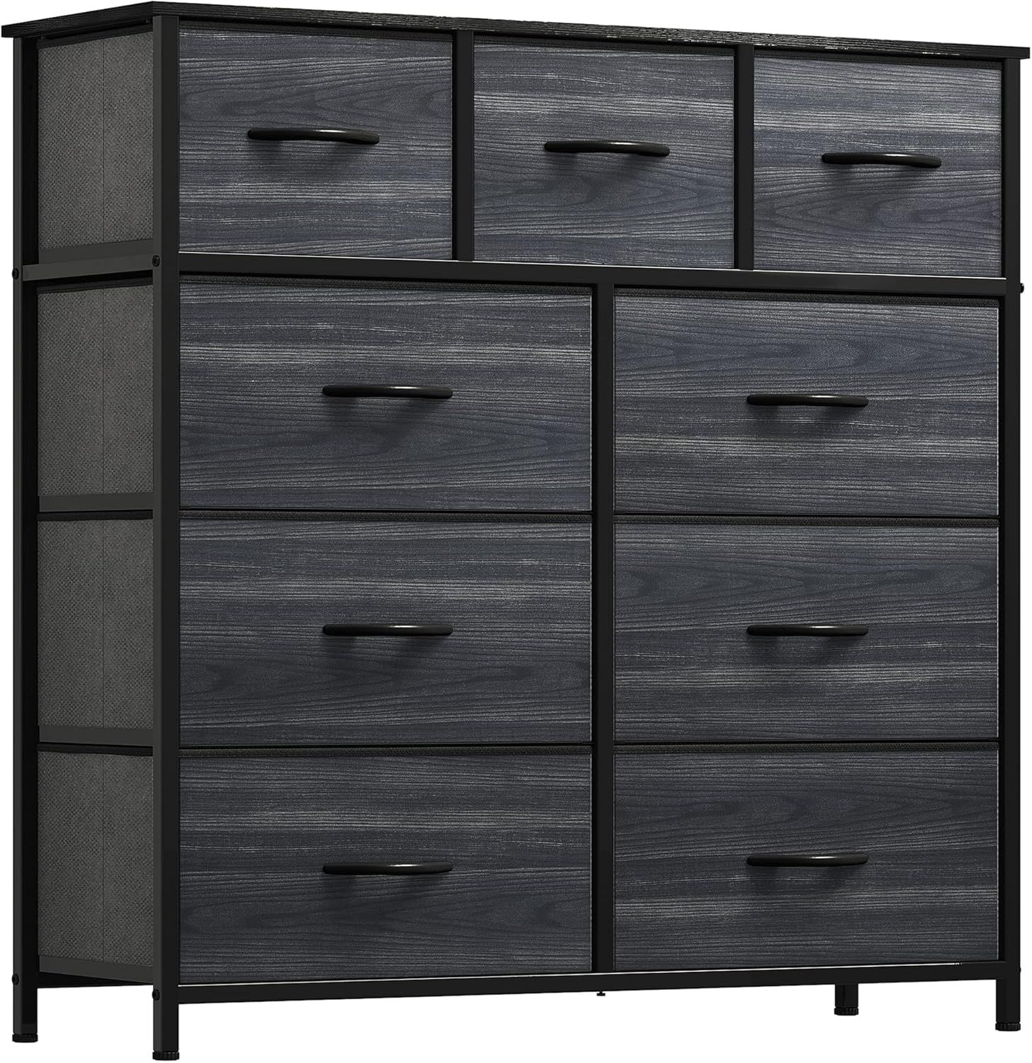 Charcoal Black 9-Drawer Fabric Storage Dresser with Wood Grain Top