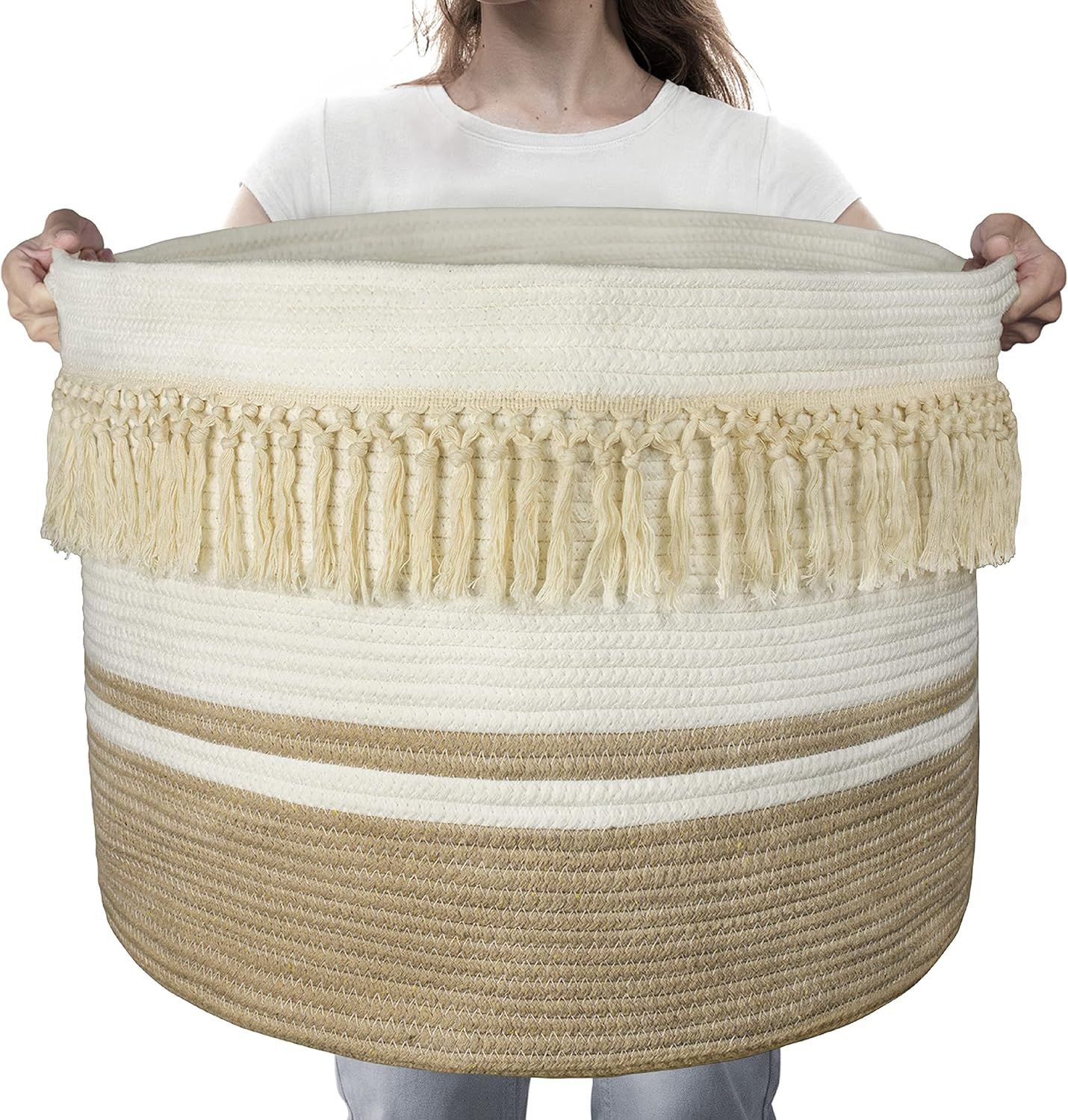 Extra Large Beige and White Round Woven Storage Basket