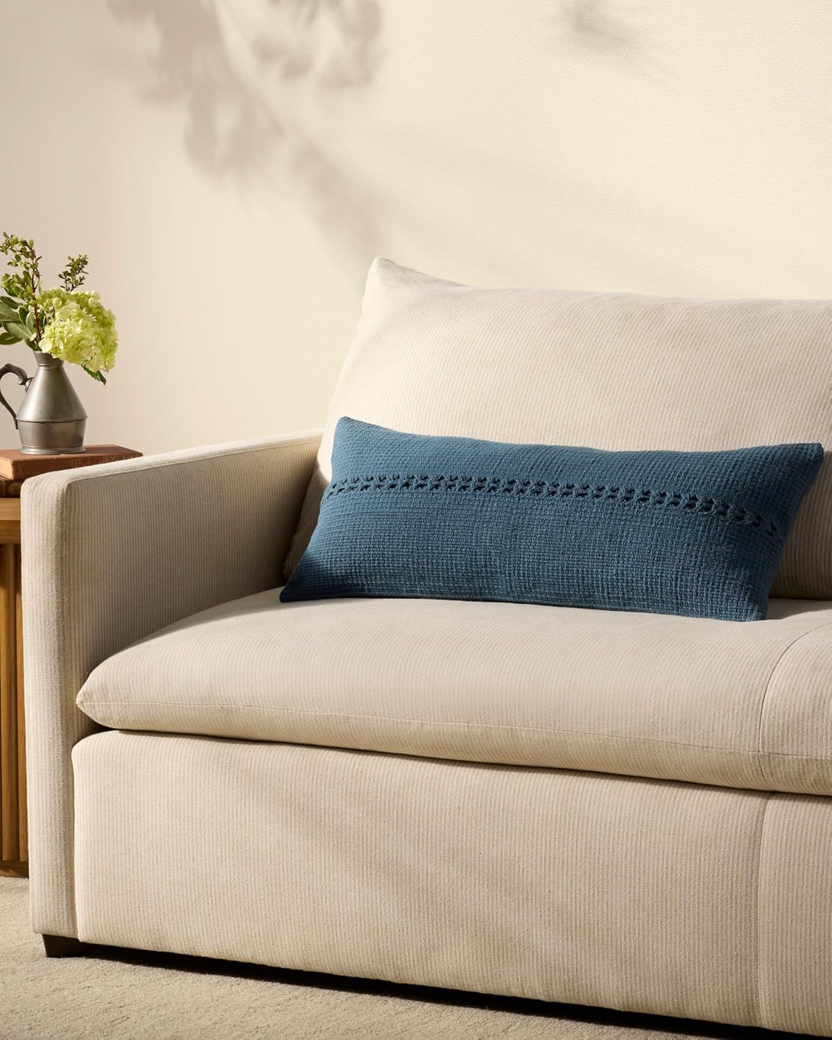 Blue Cotton Lumbar Pillow with Down Insert, 12'' x 27''