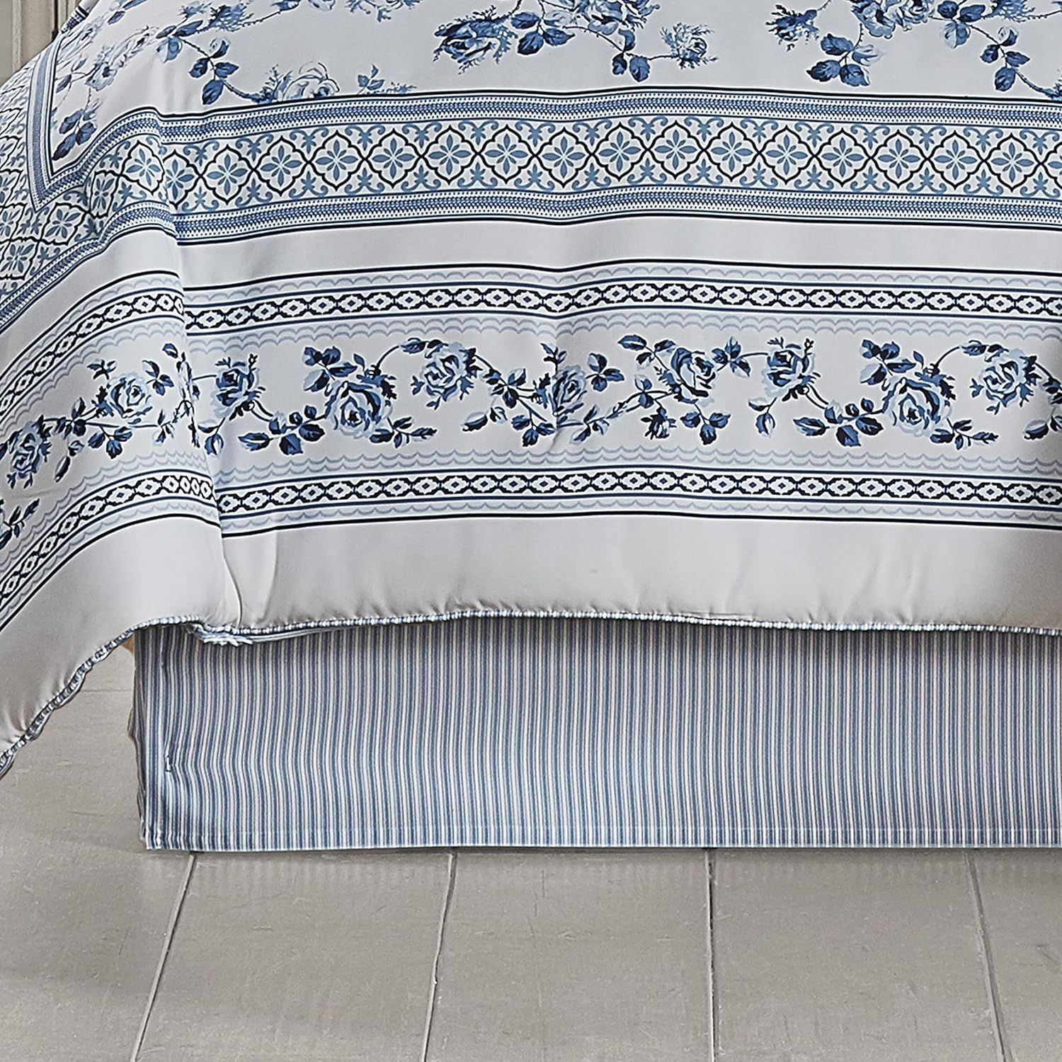 French Blue Floral and Stripe Reversible Full Comforter Set