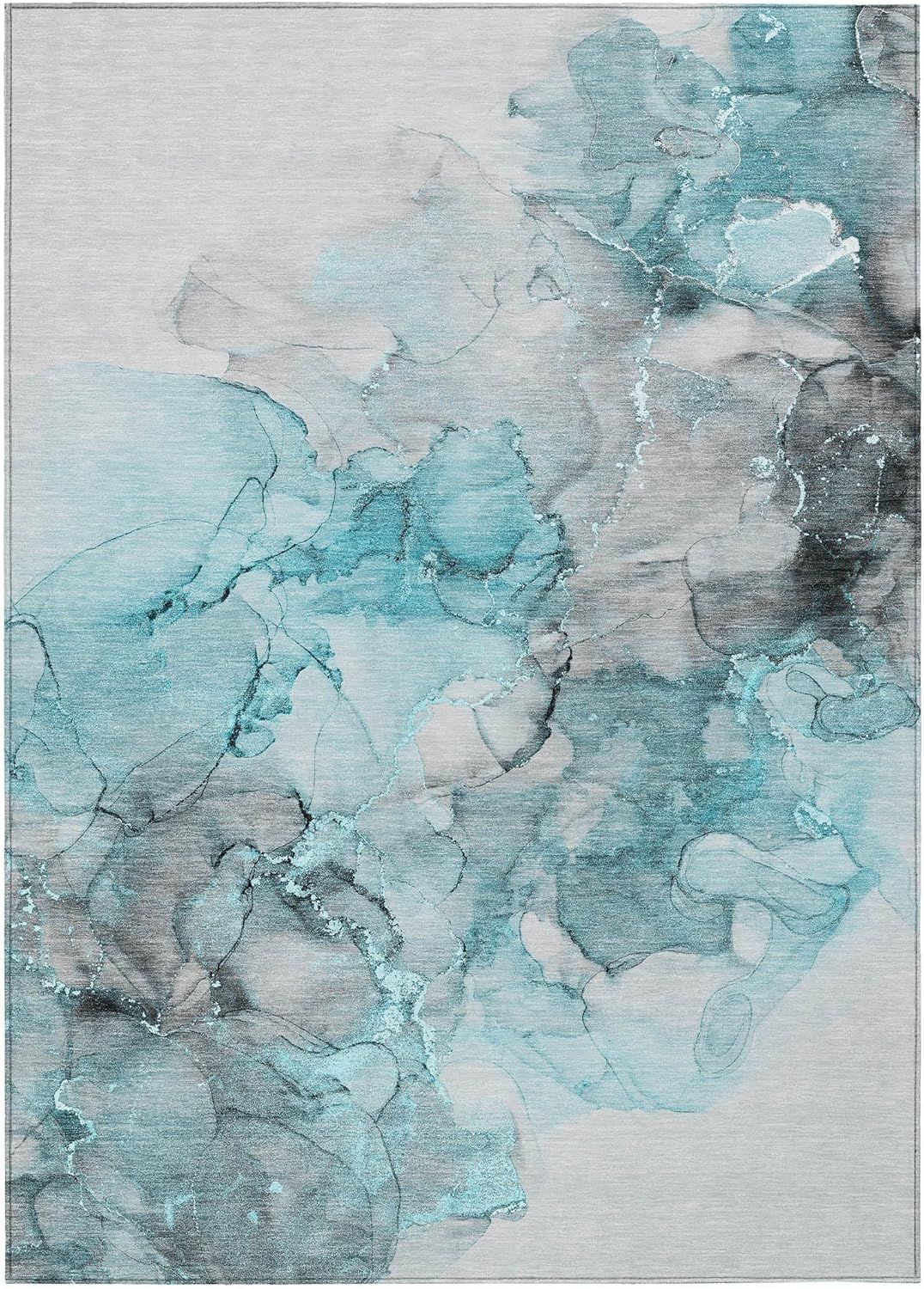 Teal and Gray Watercolor 5' x 7'6'' Machine Washable Area Rug