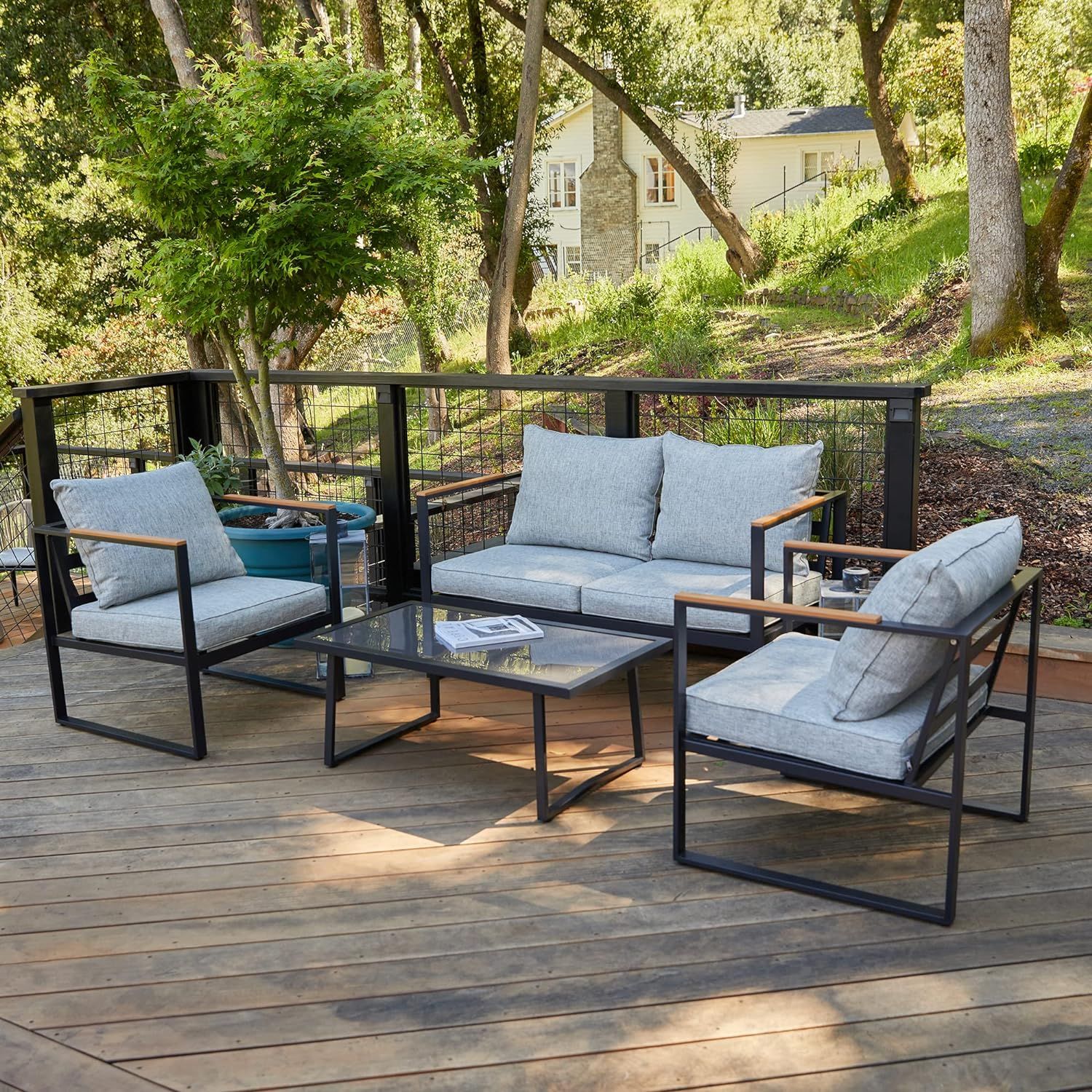 Light Gray and Black 4-Piece Patio Furniture Set with Cushions and Glass Table