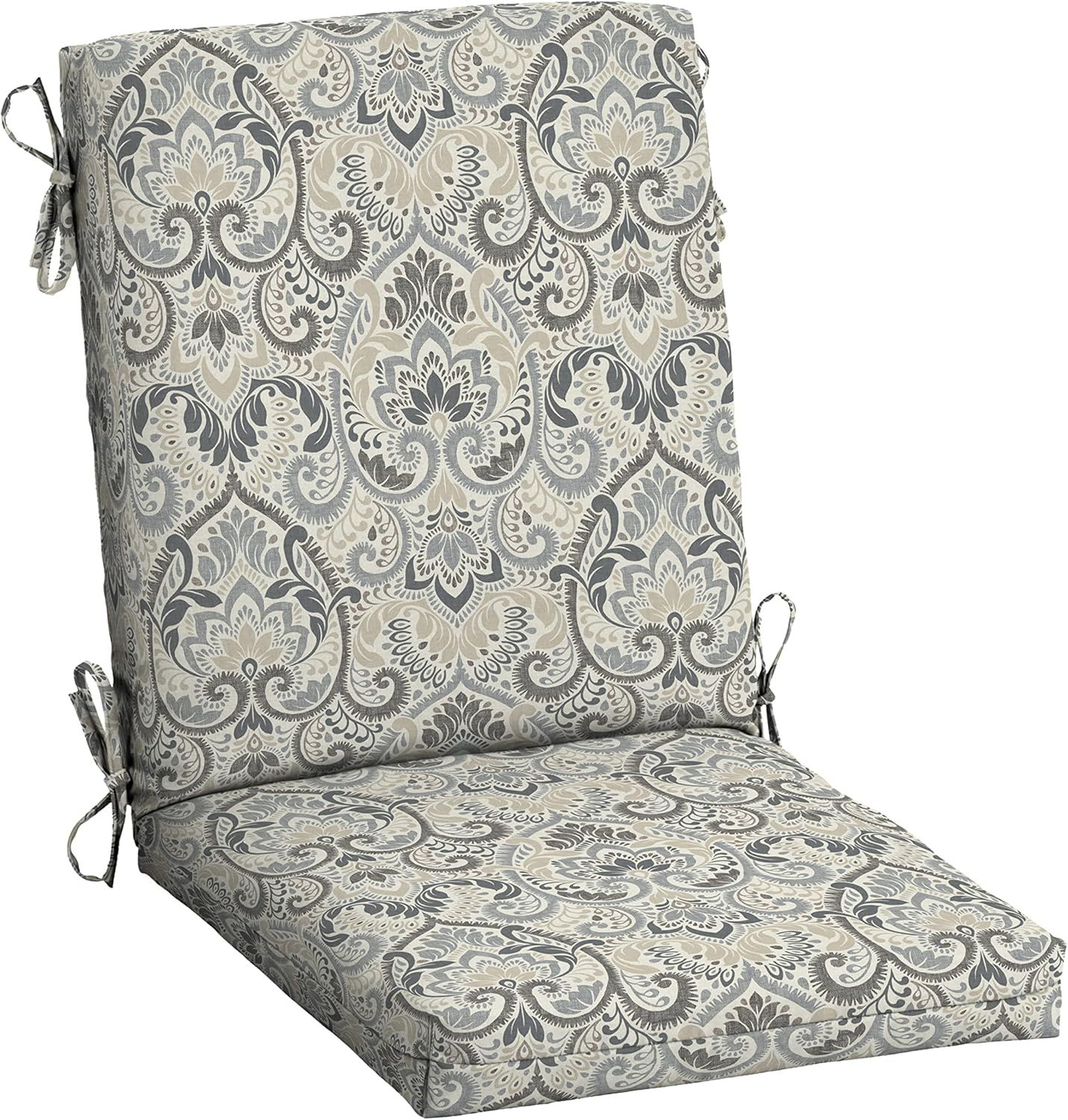 Neutral Aurora Damask Outdoor Dining Chair Cushion with Ties