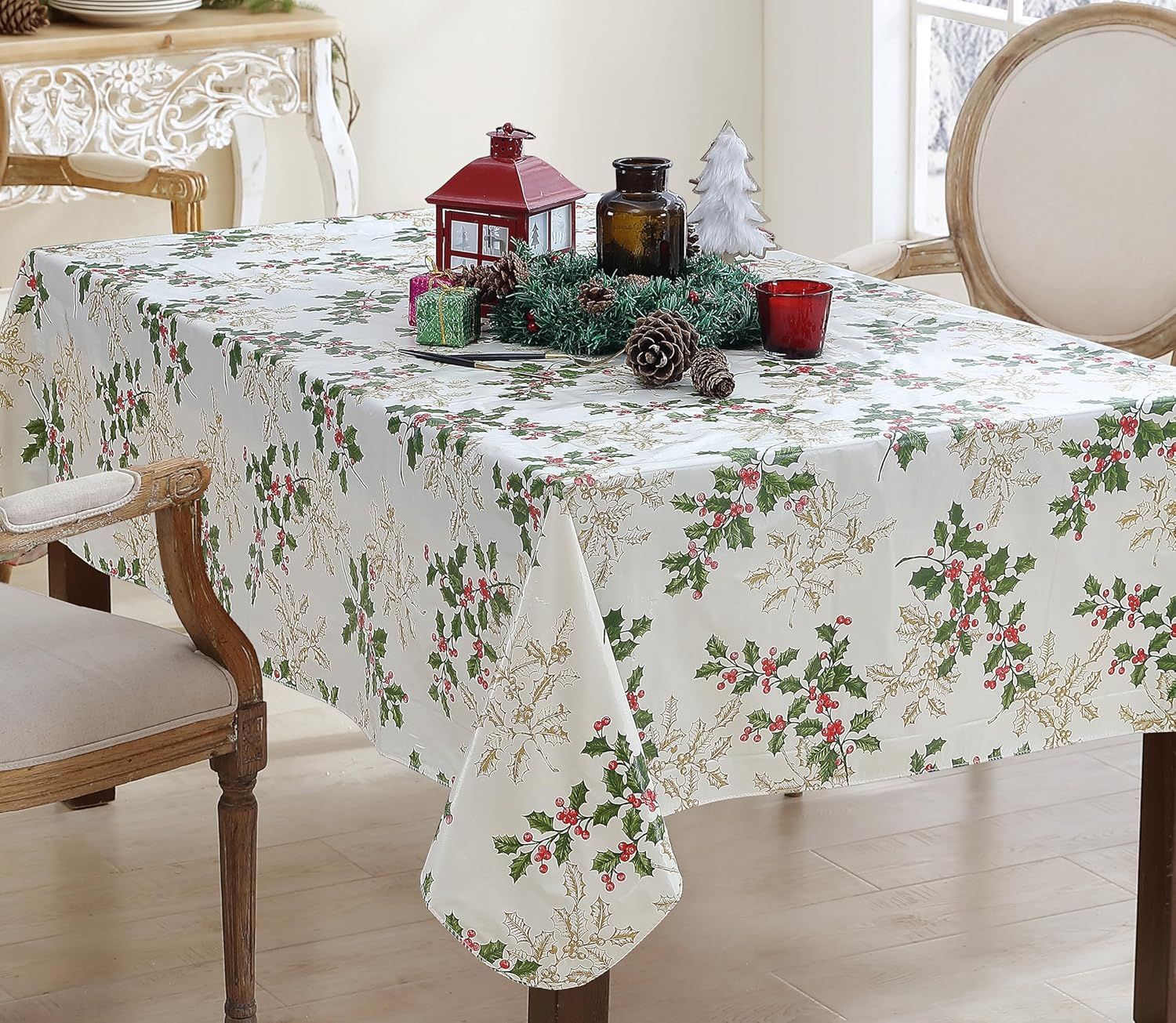 Golden Holly and Berry Vinyl Holiday Tablecloth, 52" Square