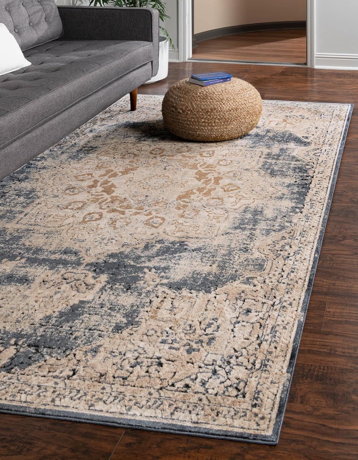 Eliza Blue and Khaki Stain-Resistant Synthetic 8' x 10' Rug