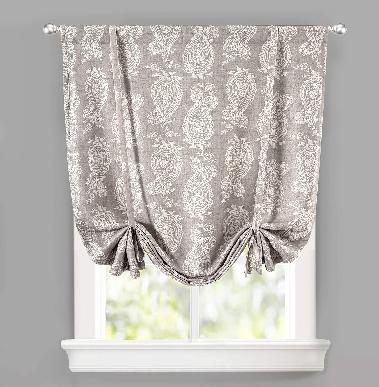 Gray Linen Paisley Blackout Tie-Up Curtain 45 x 63 Inch