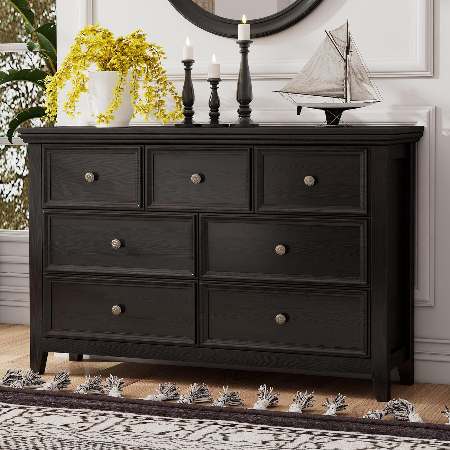 Black Wood 7-Drawer Dresser with Metal Handles