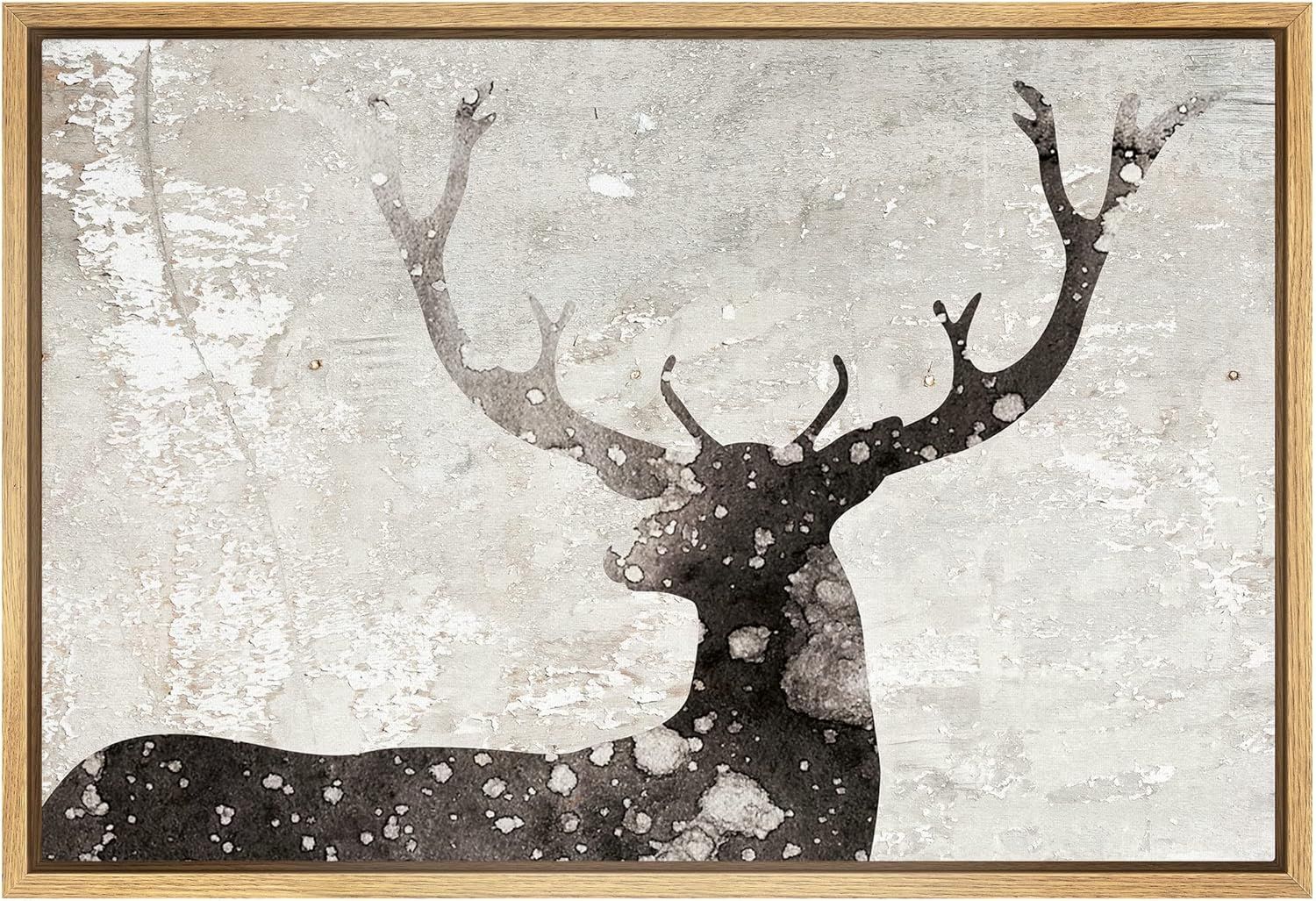 Natural Wood Framed Black and White Deer Canvas Print