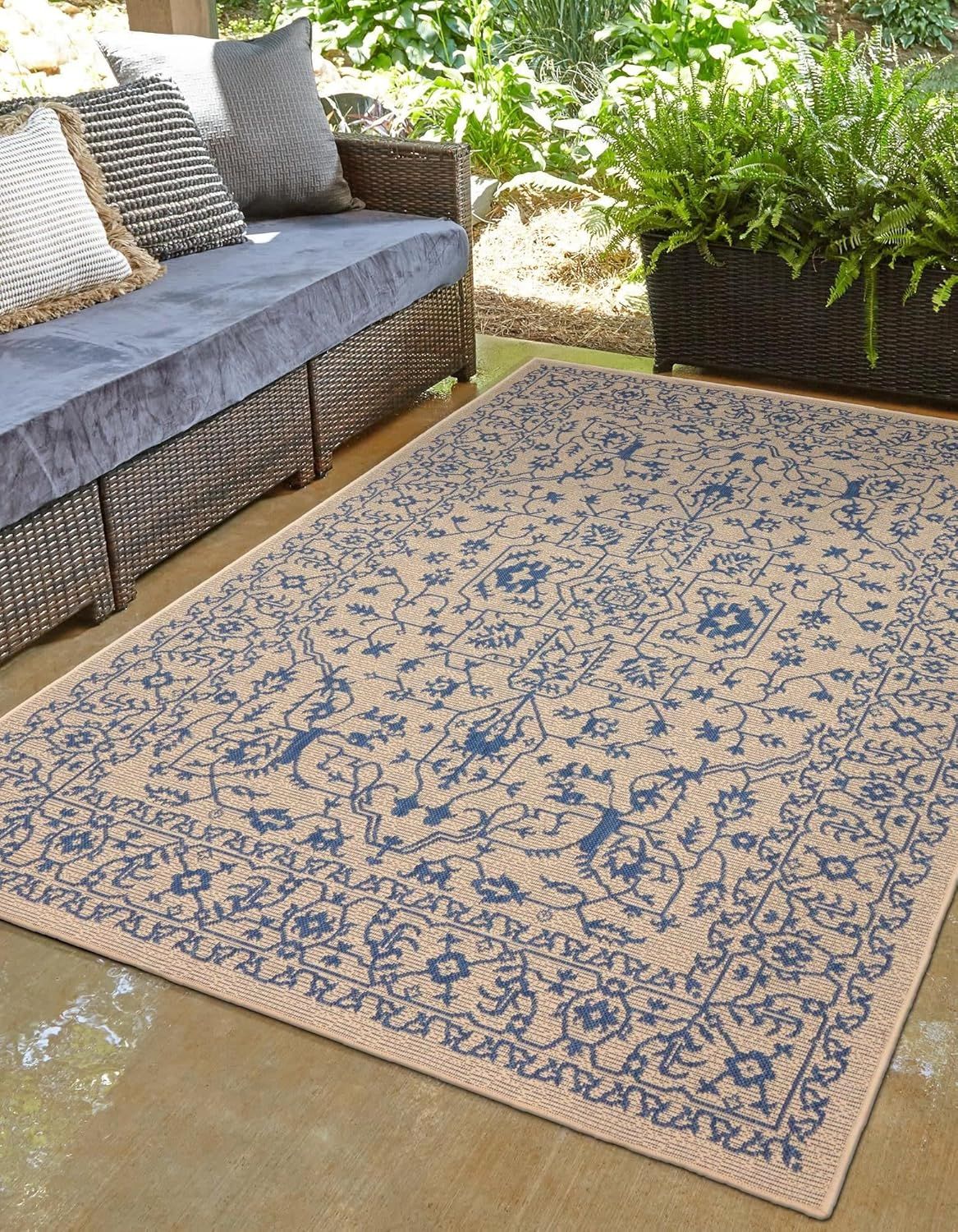 Beige and Blue Abstract Outdoor Synthetic Area Rug 7'x10'