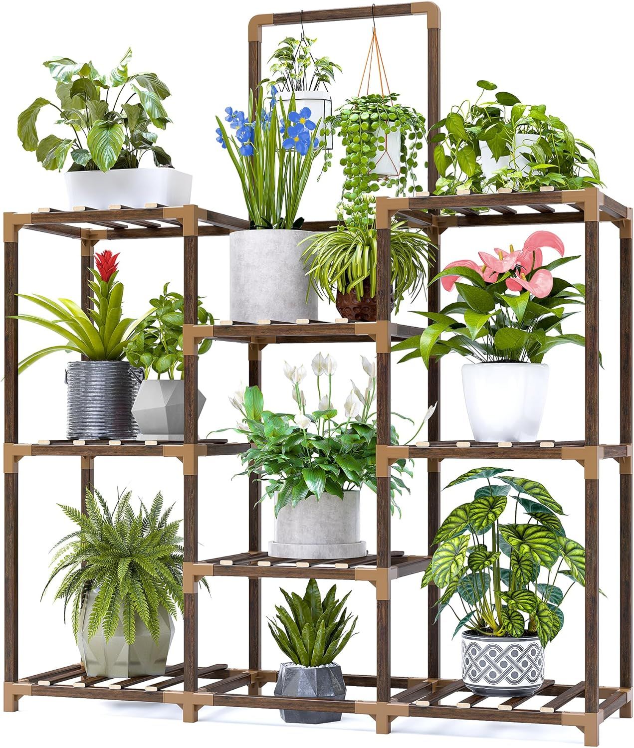 Brown Wood 5-Tier Plant Stand with Hanging Areas