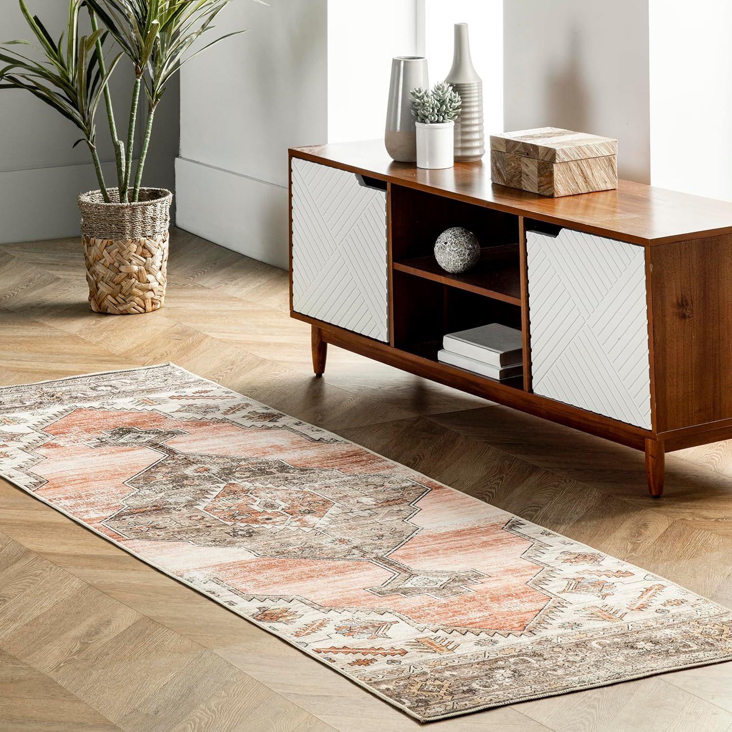 Peach and Beige Synthetic Medallion Washable Runner Rug