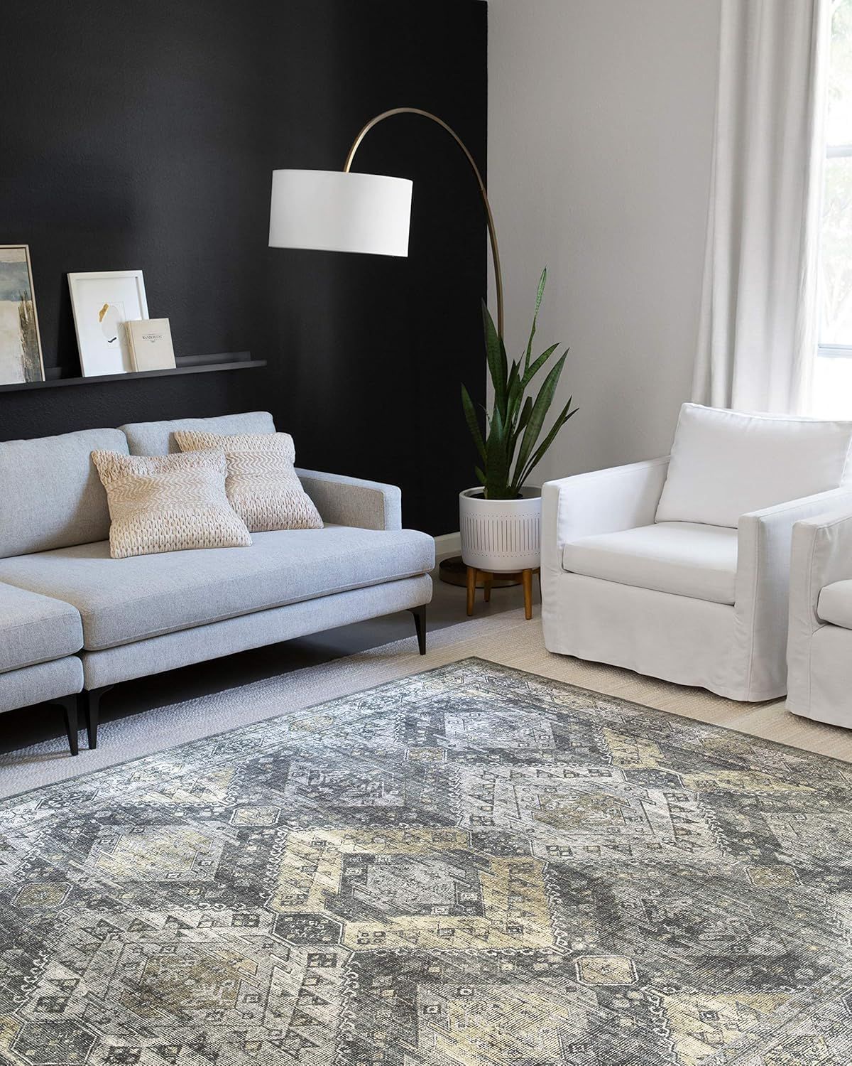 Graphite and Silver Hand-Knotted Oriental Rectangular Rug