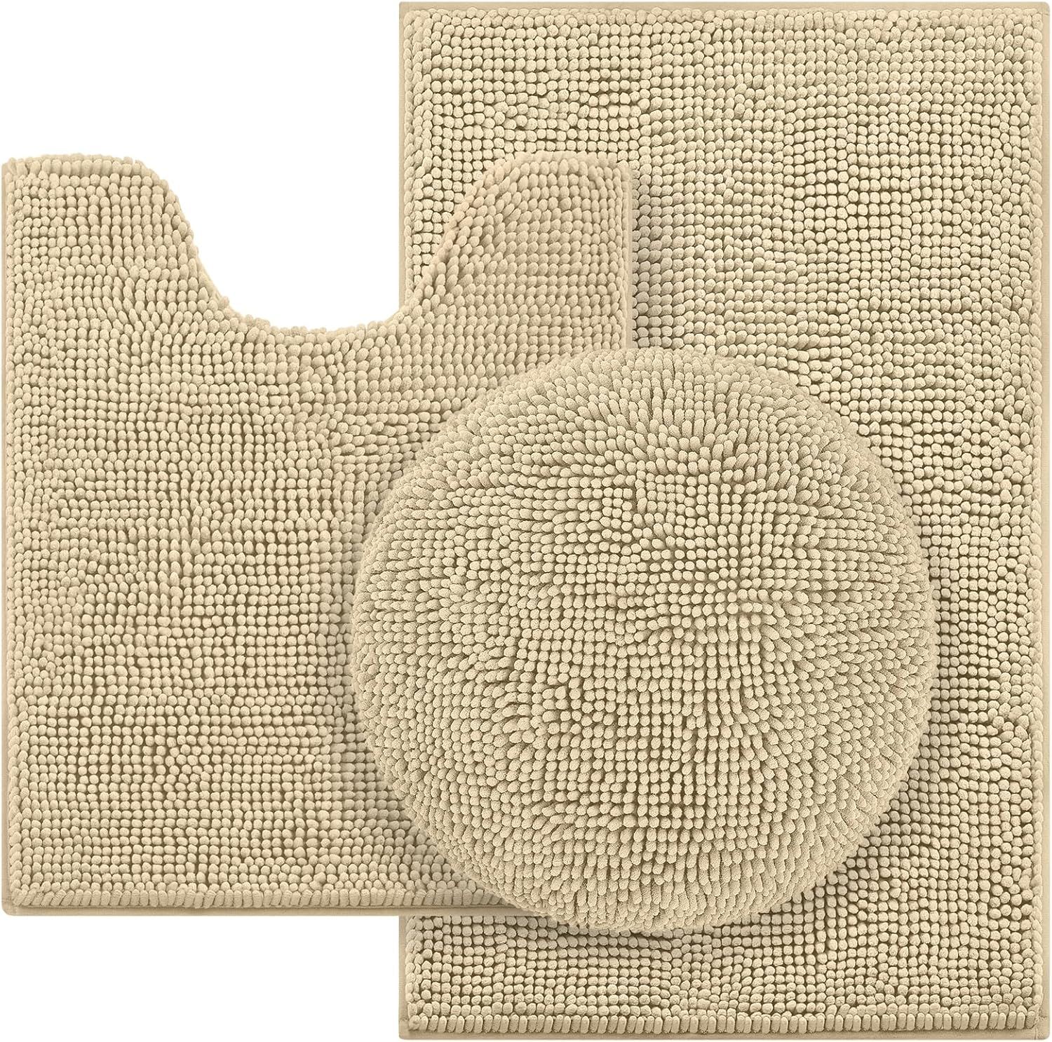 Ultra Soft Beige Chenille 3-Piece Bathroom Rug Set