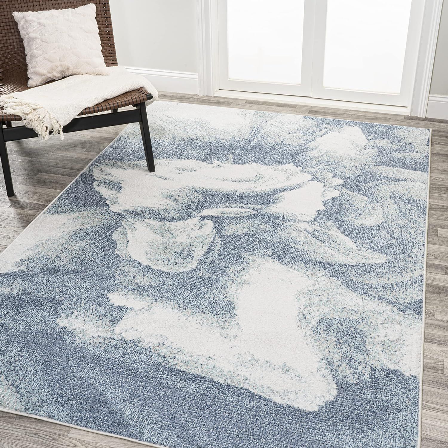 Blue and Cream Abstract Synthetic 8' x 10' Reversible Area Rug